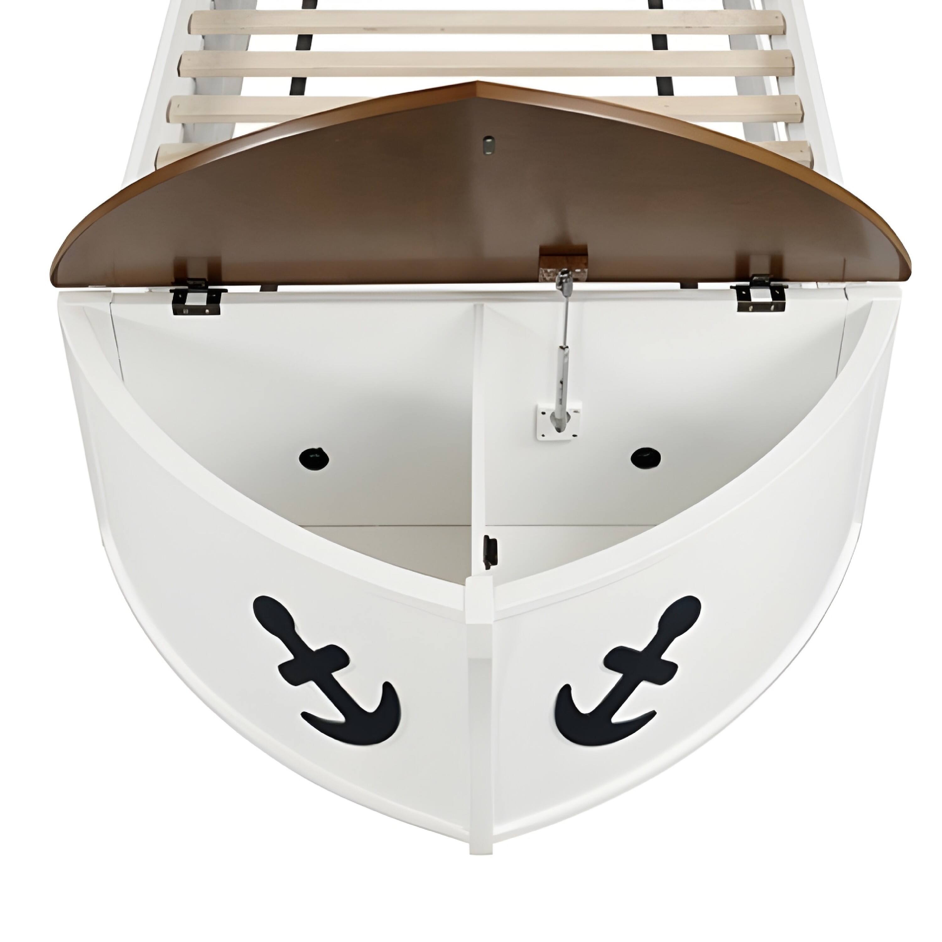 Alt View 3. Manhattan Lane - Evon Captain Twin Bed, Built-In Storage, Boat Design - White, Oak Brown.