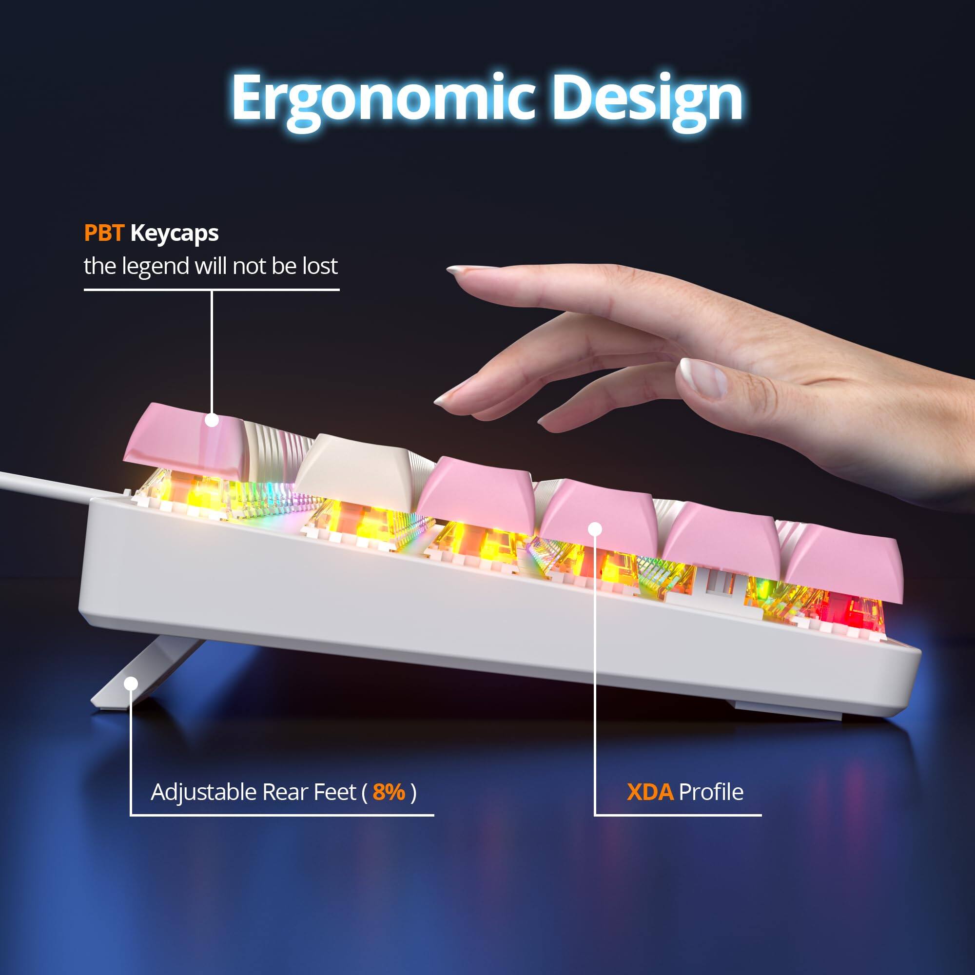 Ergonomic Design

- PBT Keycaps
  - the legend will not be lost

- Adjustable Rear Feet (8%)

- XDA Profile