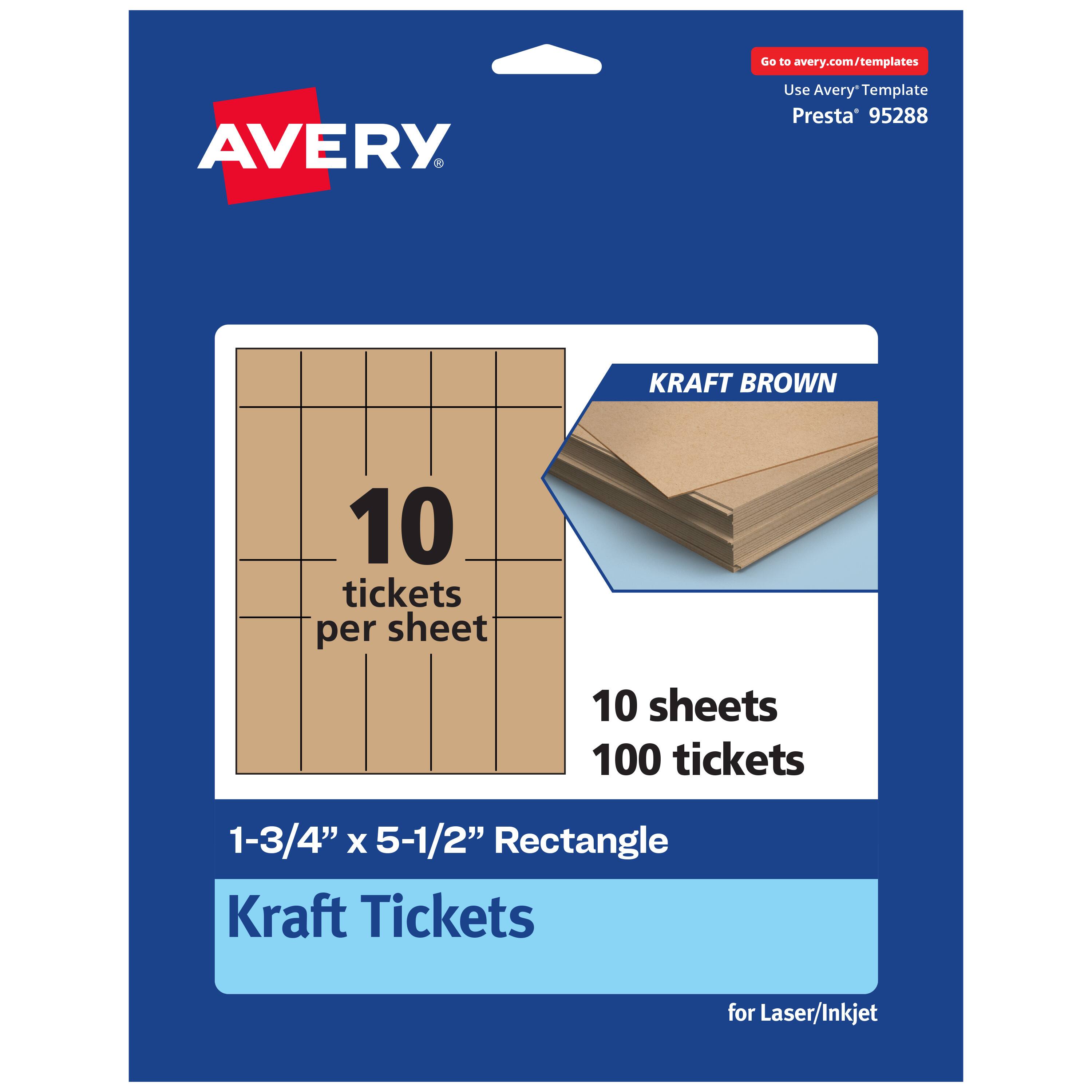 Go to avery.com/templates  
AVERY  
Use Avery Template Presta* 95288  

KRAFT BROWN  
10 tickets per sheet  
10 sheets 100 tickets  
1-3/4" x 5-1/2" Rectangle  
Kraft Tickets for Laser/Inkjet