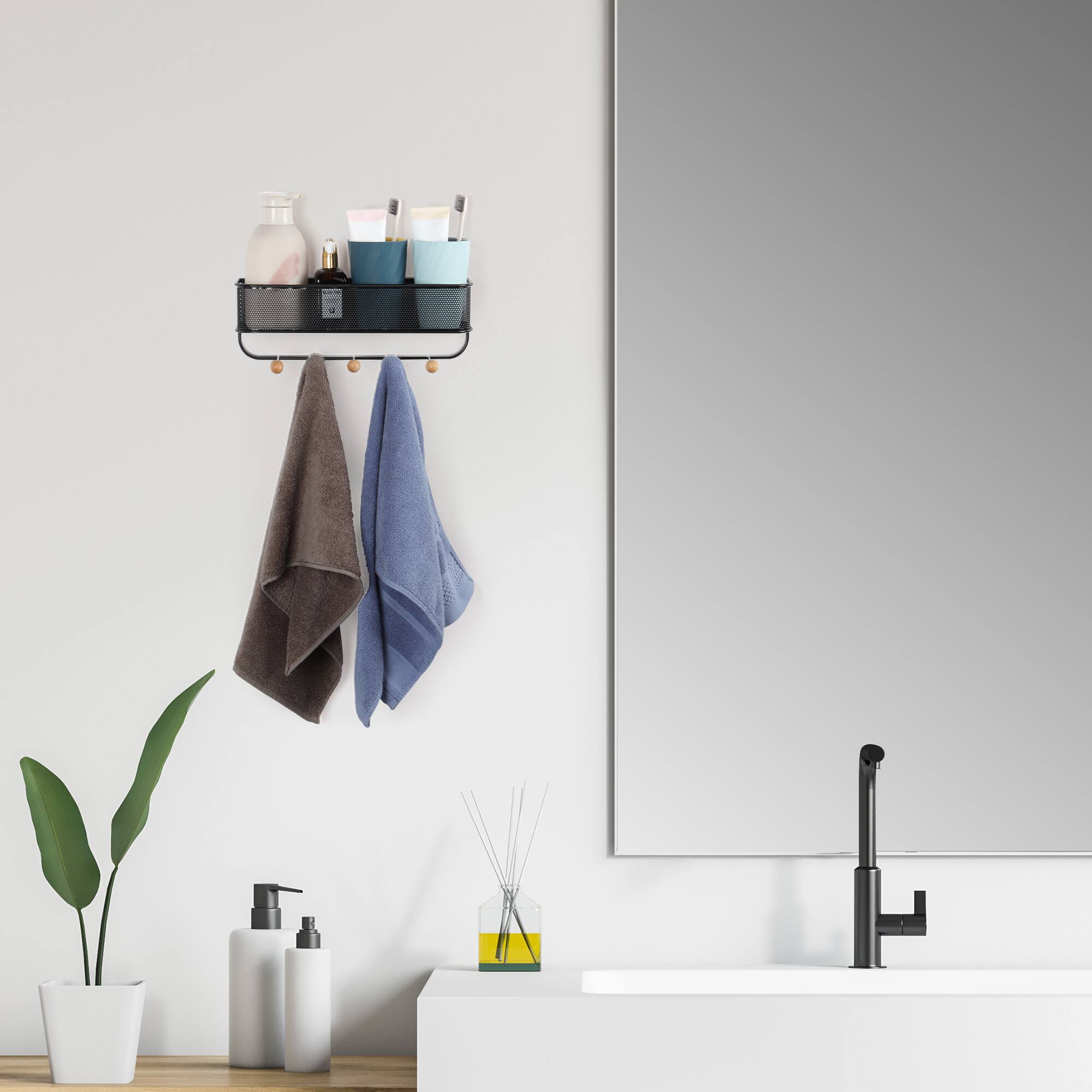 Back. Oumilen - Mesh Wall Storage Basket with Wooden Hooks, Black.