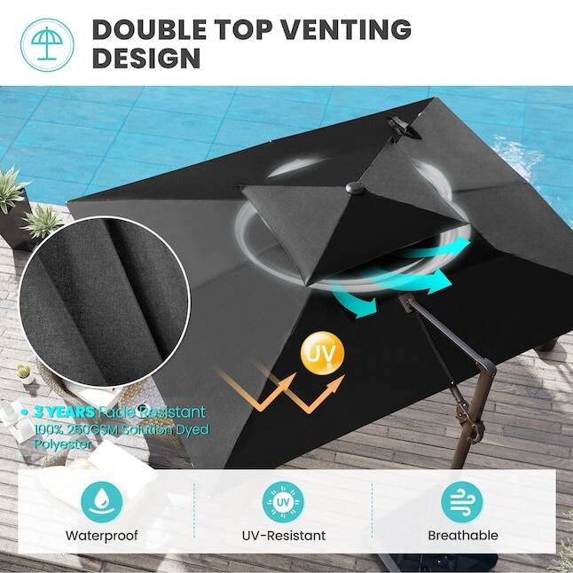DOUBLE TOP VENTING DESIGN

- 3 YEARS Fade Resistant
- 100% 250GSM Solution Dyed Polyester
- Waterproof
- UV-Resistant
- Breathable