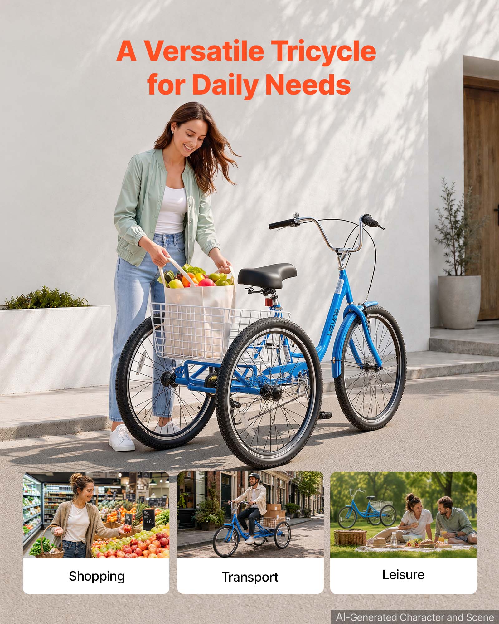 A Versatile Tricycle for Daily Needs

VEVOR

Shopping

Transport

Leisure

AI-Generated Character and Scene