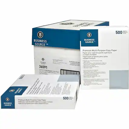 B BUSINESS SOURCE™
KAINC B BUSINESS T SOURCE SMEETS
500 SHEETS
Premium Multi-Purpose Copy Paper
Papier pour copie de qualité supérieure à usages multiples
Papel multi-propósito para copias calidad Premium
B GERNG 104
Brightres Reliable jam-free performance in high BUSINESS EC
10 PACKS OF 500
Perfect for copiers, offset duplicators, inkjet and laser printers
PAQUETES DE 500
Acid free for archival use
36591
High opacity for double-side use
208 gsm paper weight
Premium Multi-Purpose copy paper
Papier Ugm Copy duna
S -g Paper pour - .
is Pusel nsorieure imprimantes
I Seec .s usapes -
Sani aUe Coacte cO Puoas de popier de Tlge 500
Contanoe Puurts pana sare -
musres duplicatores
- - umut inporcsion - -
are de a para Vs de anctuo
C para - - por ambos ads
Pess 1