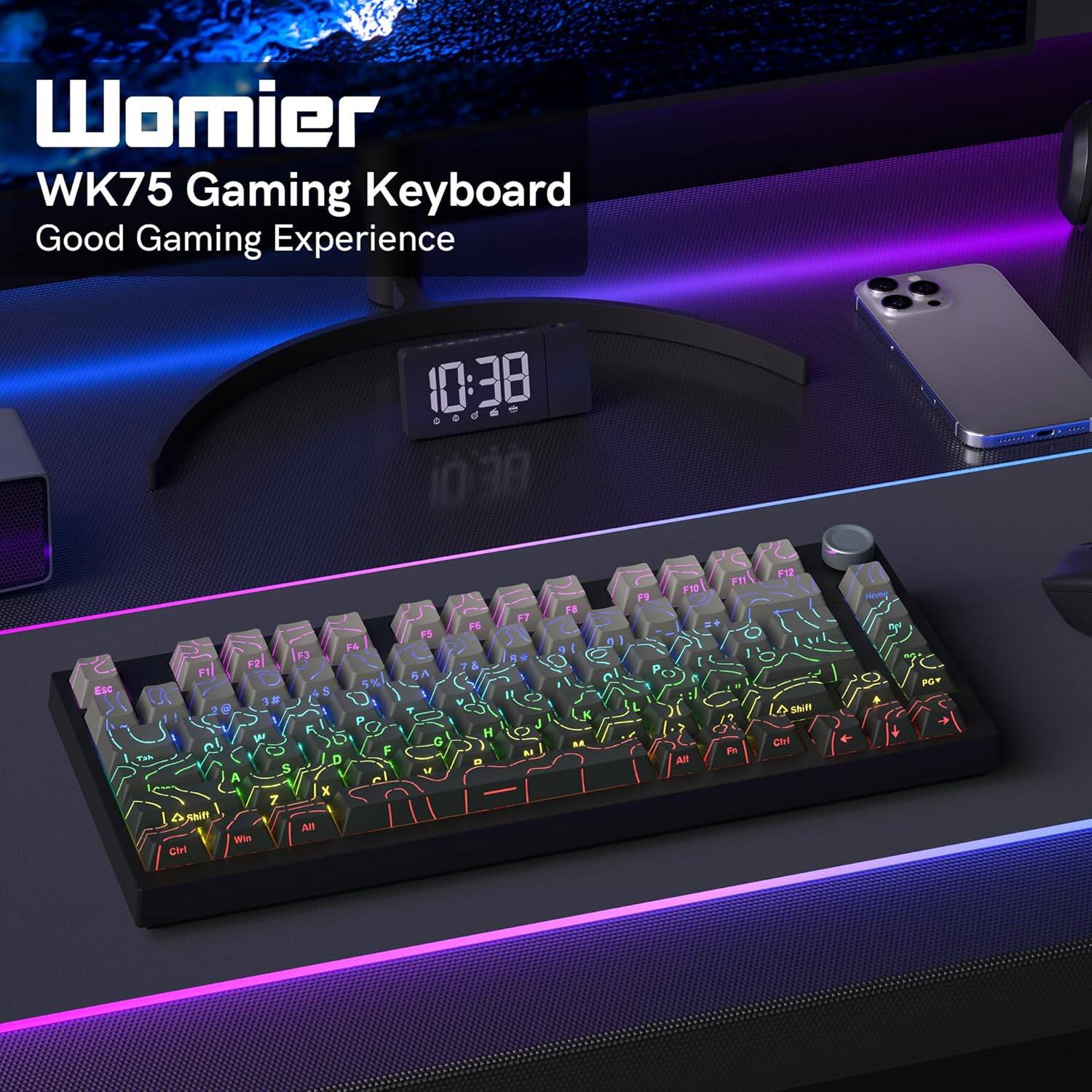 Womier WK75 Gaming Keyboard  
Good Gaming Experience  

10:38  

1A Ese F4 F3 F1 5% 5 J 1 . C O 3 I F C F F D S A x 7 4 Shim All Win Girl F5 e G u FS 7 & H - FB F7 1 8 O <> K J O a. M I FI P L F10 E C el AR F12 FT O 1 C 1 LA SN 19 Ctrl Fn o C2 + + POT