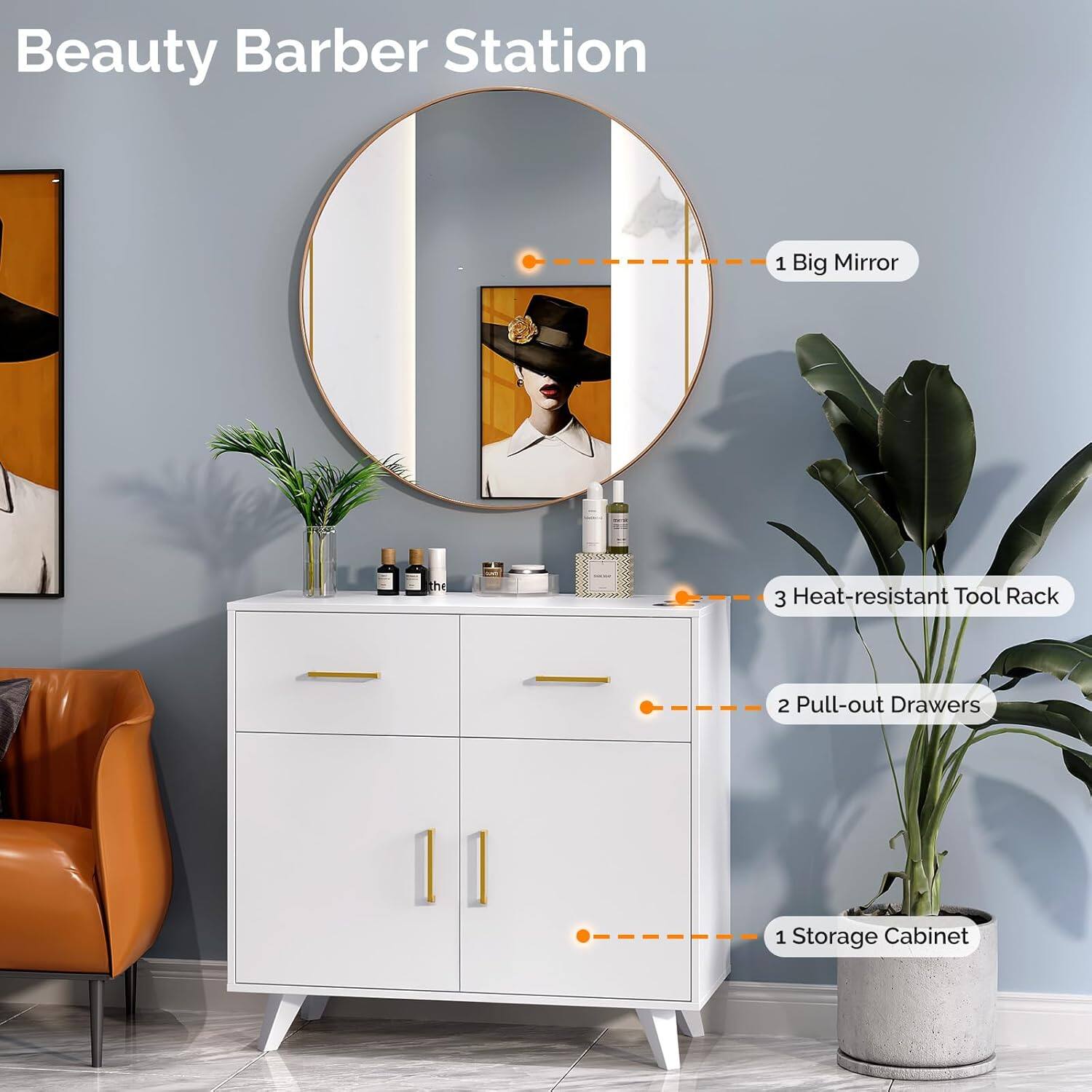 Beauty Barber Station  
1 Big Mirror  
2 Pull-out Drawers  
3 Heat-resistant Tool Rack  
1 Storage Cabinet