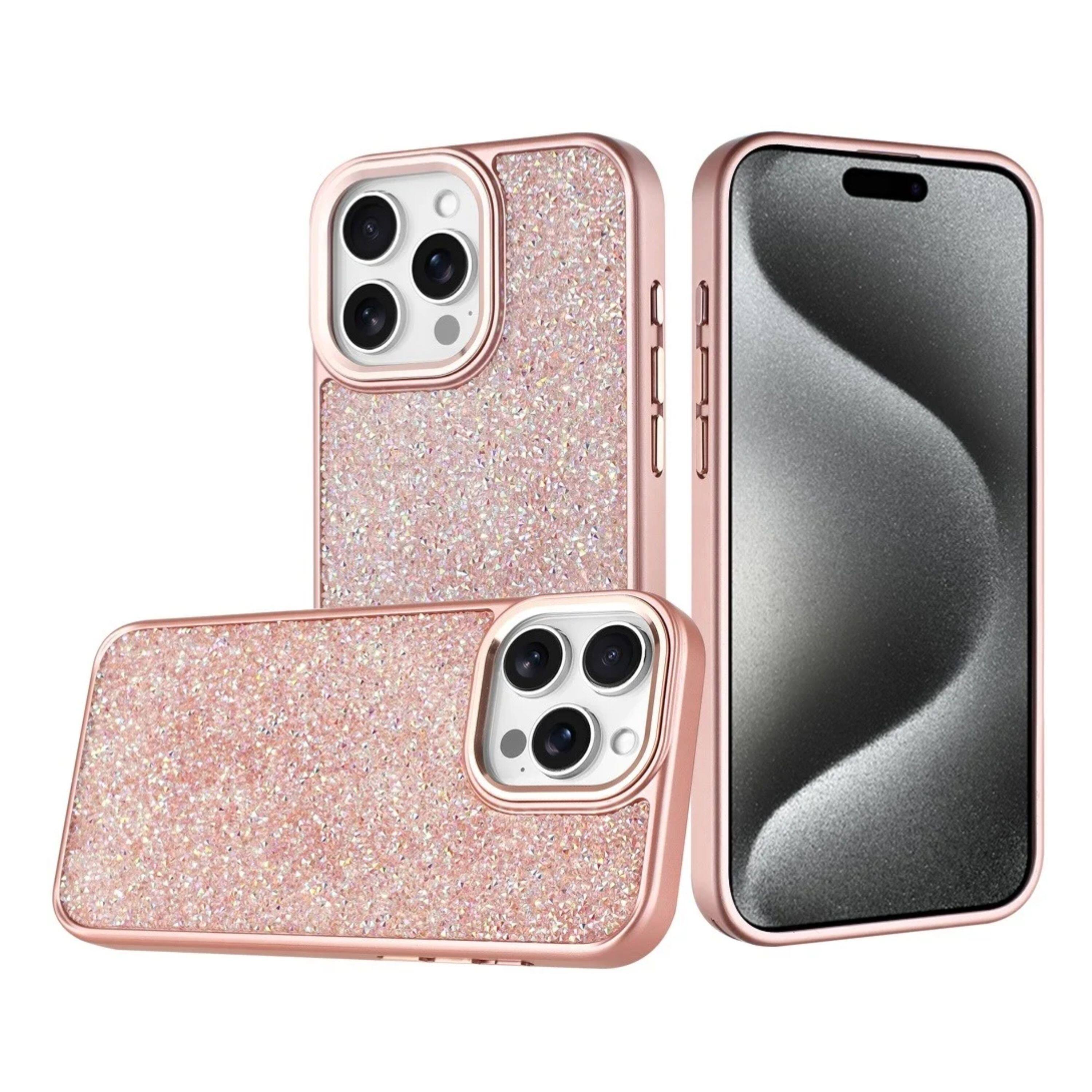 Angle. Kitcheniva - Full Crystal Bling Metallic Buttons Phone Case With 2 Pcs Tempered Glass For iPhone 15 Pro Max Rose Gold - Rose Gold.