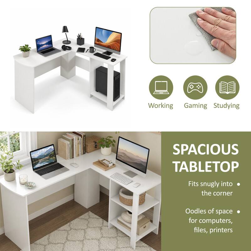 Working Gaming Studying  
SPACIOUS TABLETOP  
Fits snugly into the corner  
Oodles of space for computers, files, printers