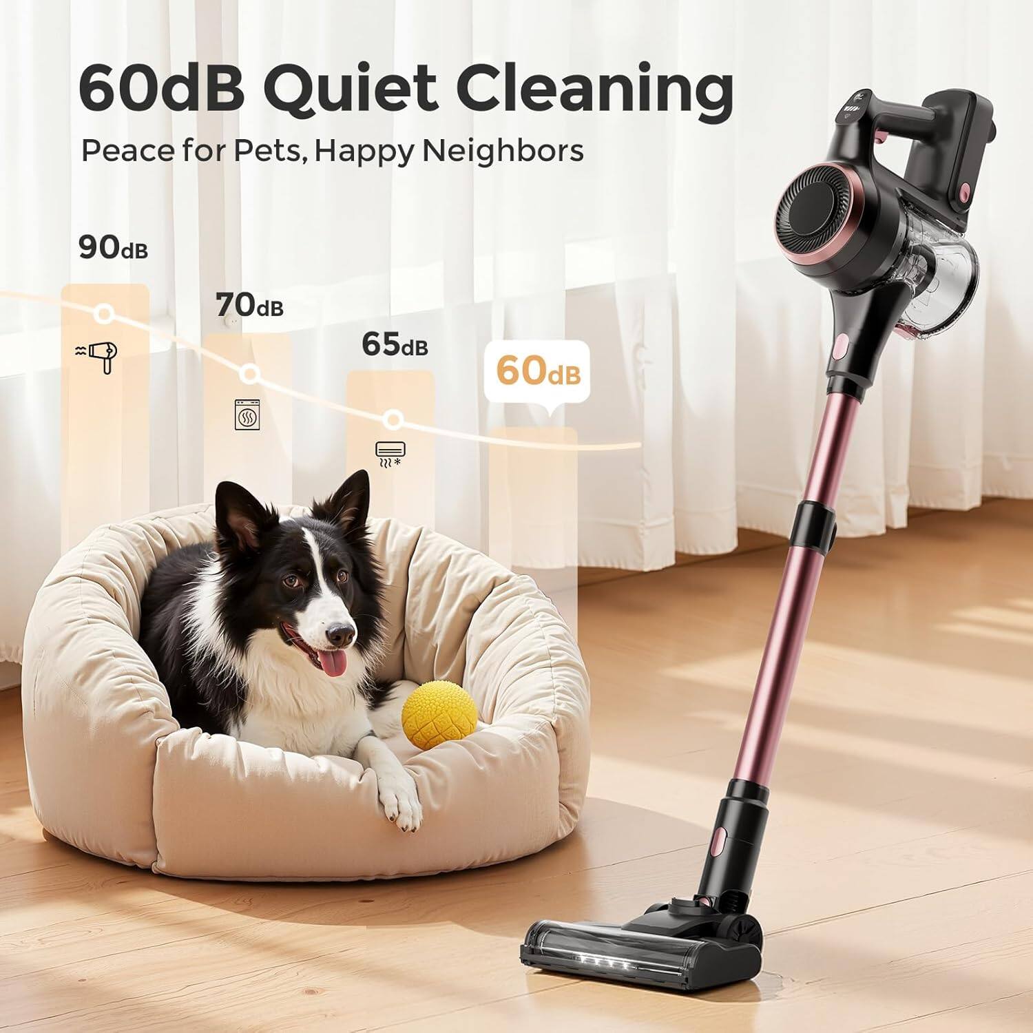 60dB Quiet Cleaning  
Peace for Pets, Happy Neighbors  

90dB  
70dB  
65dB  
60dB