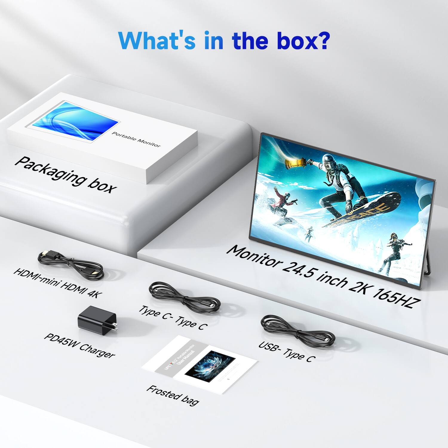 What's in the box? Portable Monitor Packaging box PEACEE Monitor 24.5 inch 2K 4K 165HZ HDMI-mini HDMI Type C - Type C PD45W Charger USB- Type C Frosted bag