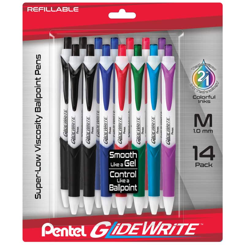 Pentel - GlideWrite Ballpoint Pen with TechniFlo Ink, Medium Line, Assorted Ink, 14-Pack
