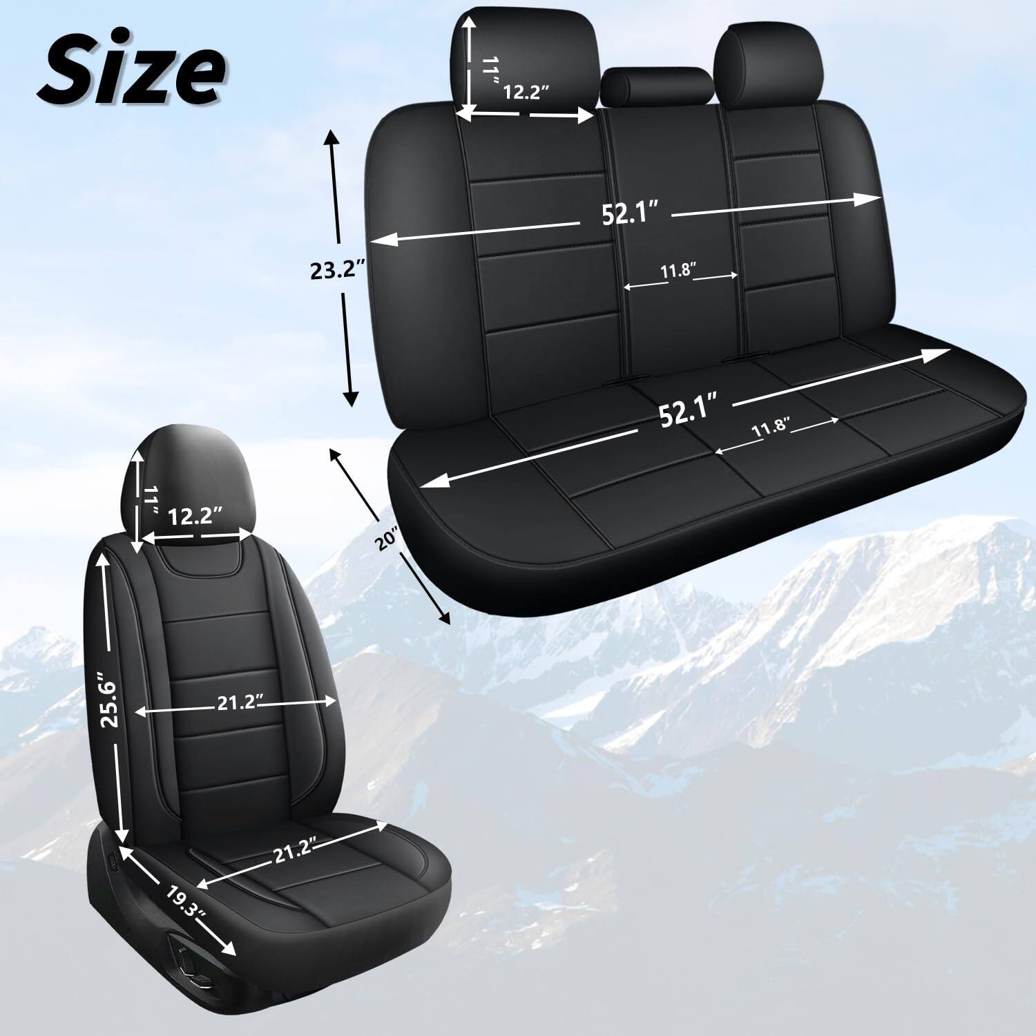 Sure, here is the corrected and grouped text from the image:

- **Size**
  - **Seat Dimensions:**
    - Width: 52.1"
    - Depth: 11.8"
    - Height: 23.2"
    - Headrest Height: 12.2"
    - Seat Height: 12.2"
    - Seat Width: 21.2"
    - Seat Depth: 21.2"
    - Seat Height: 25.6"
    - Seat Width: 19.3"
    - Seat Depth: 21.2"