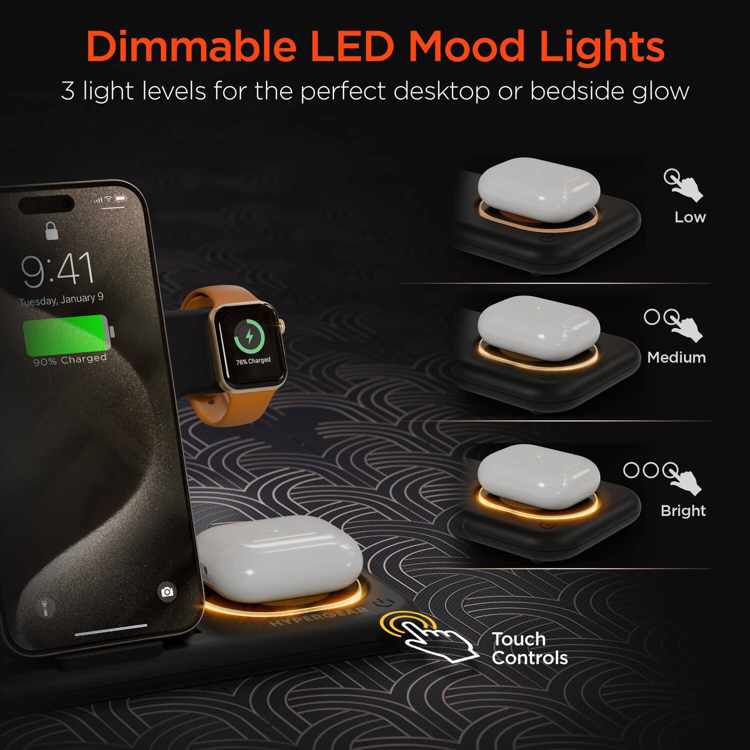 Dimmable LED Mood Lights  
3 light levels for the perfect desktop or bedside glow  

Low  
Medium  
Bright  

Touch Controls