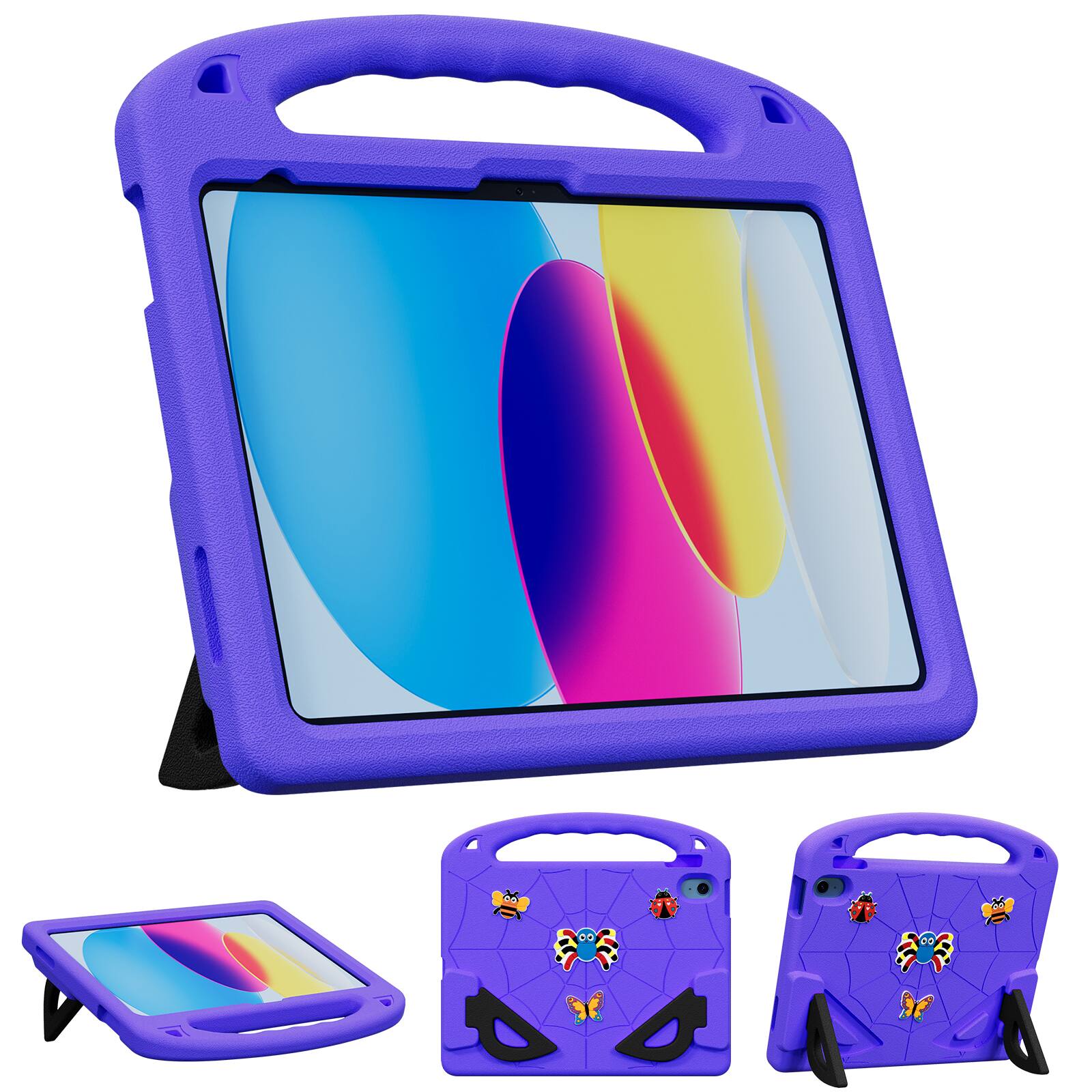 Angle. UUCOVER - Kids Case for iPad (A16) 11-inch 2025 / iPad 10th Generation 10.9-inch 2022,Shockproof EVA Case Handle Kickstand Cover - Purple/Black.