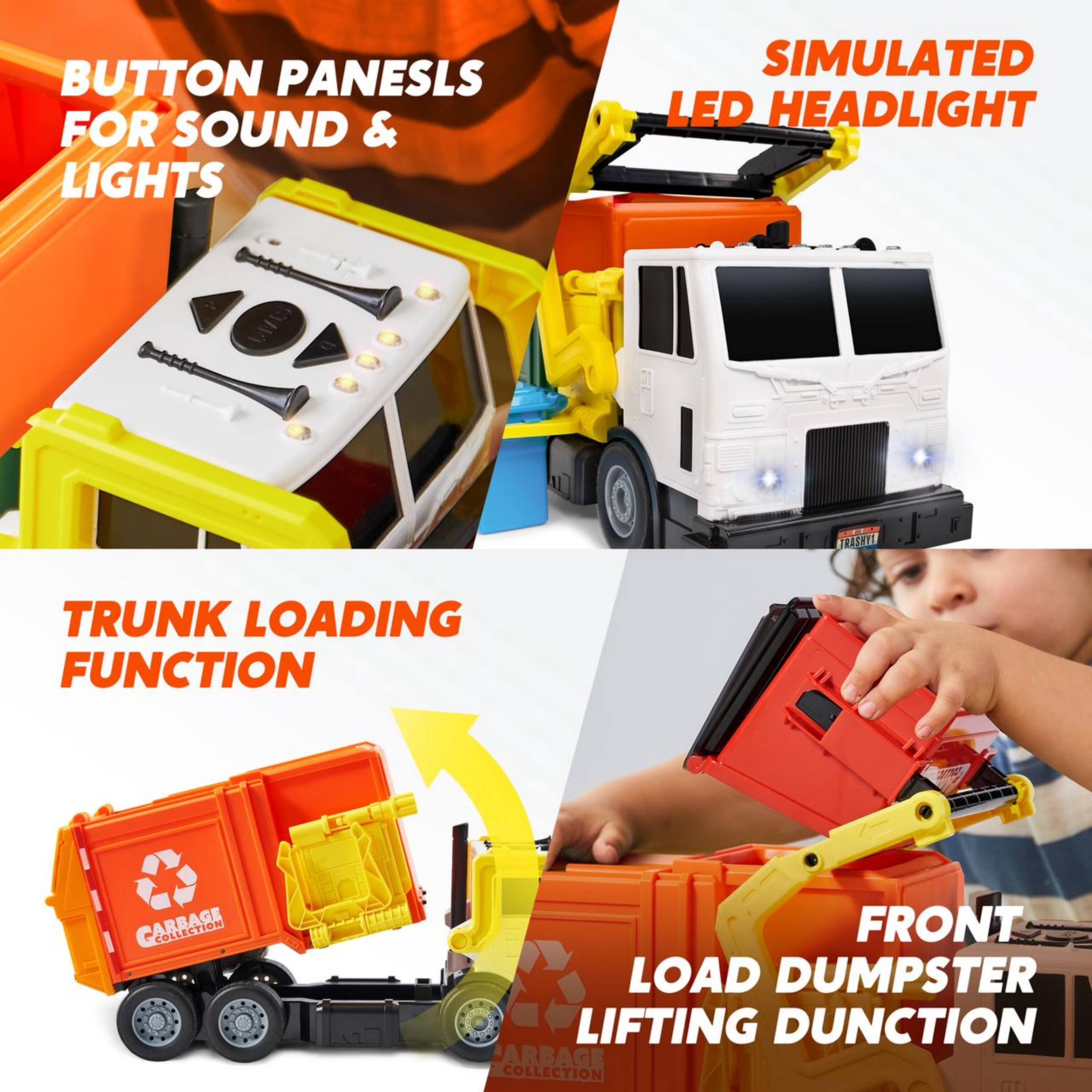BUTTON PANELS FOR SOUND & LIGHTS  
SIMULATED LED HEADLIGHT  
TRUNK LOADING FUNCTION  
FRONT LOAD DUMPSTER LIFTING FUNCTION