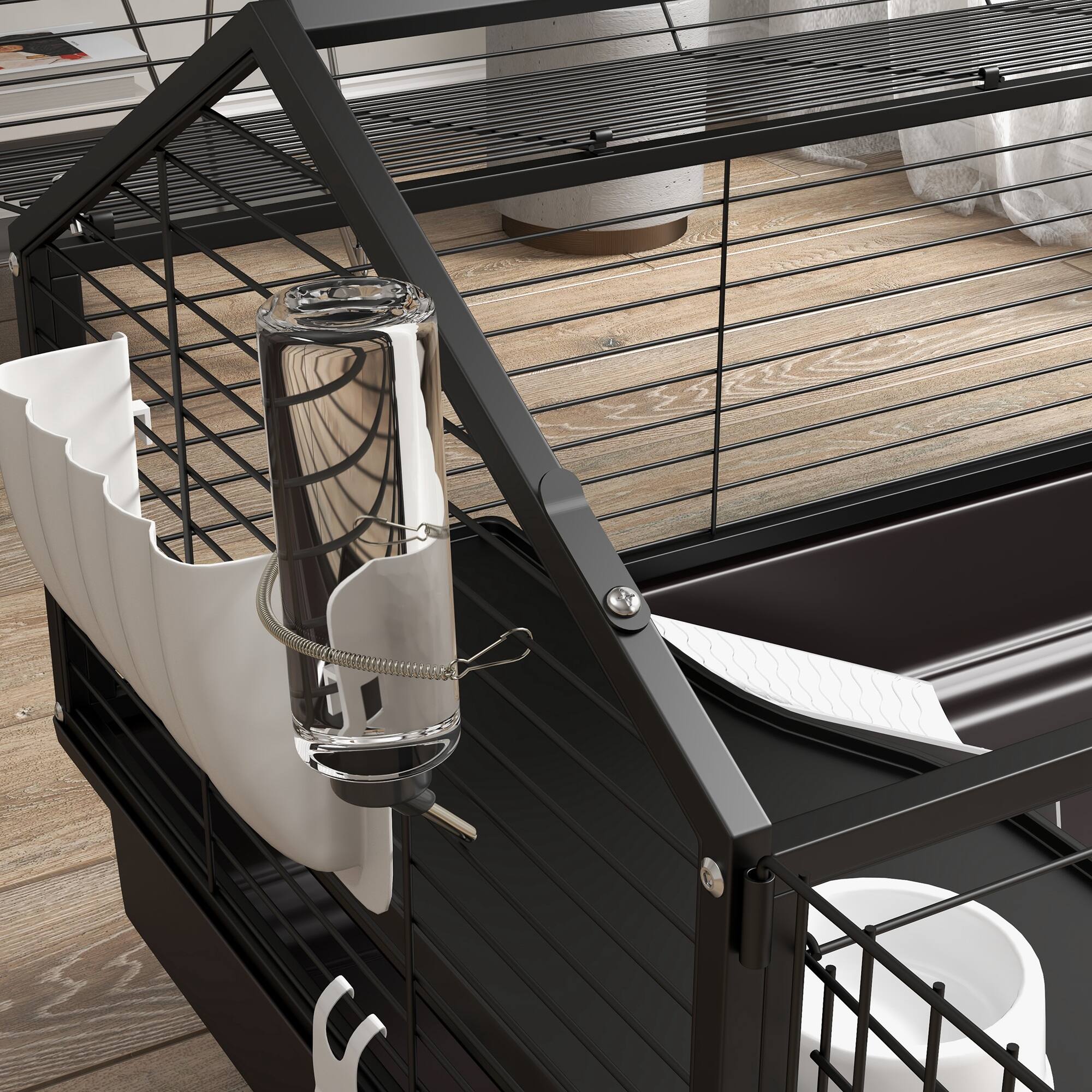 Alt View 4. Pawhut - Small Animal Cage with Foldable Run Area, Guinea Pig Cage, Hedgehog Cage with Water Bottle, Water Bowl, Ramps.