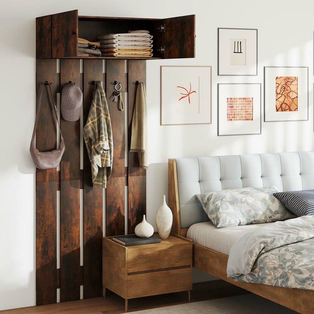 Back. Kadyn - Wall-Mounted Entryway Coat Rack for Clothes, Rustic Brown - Brown.