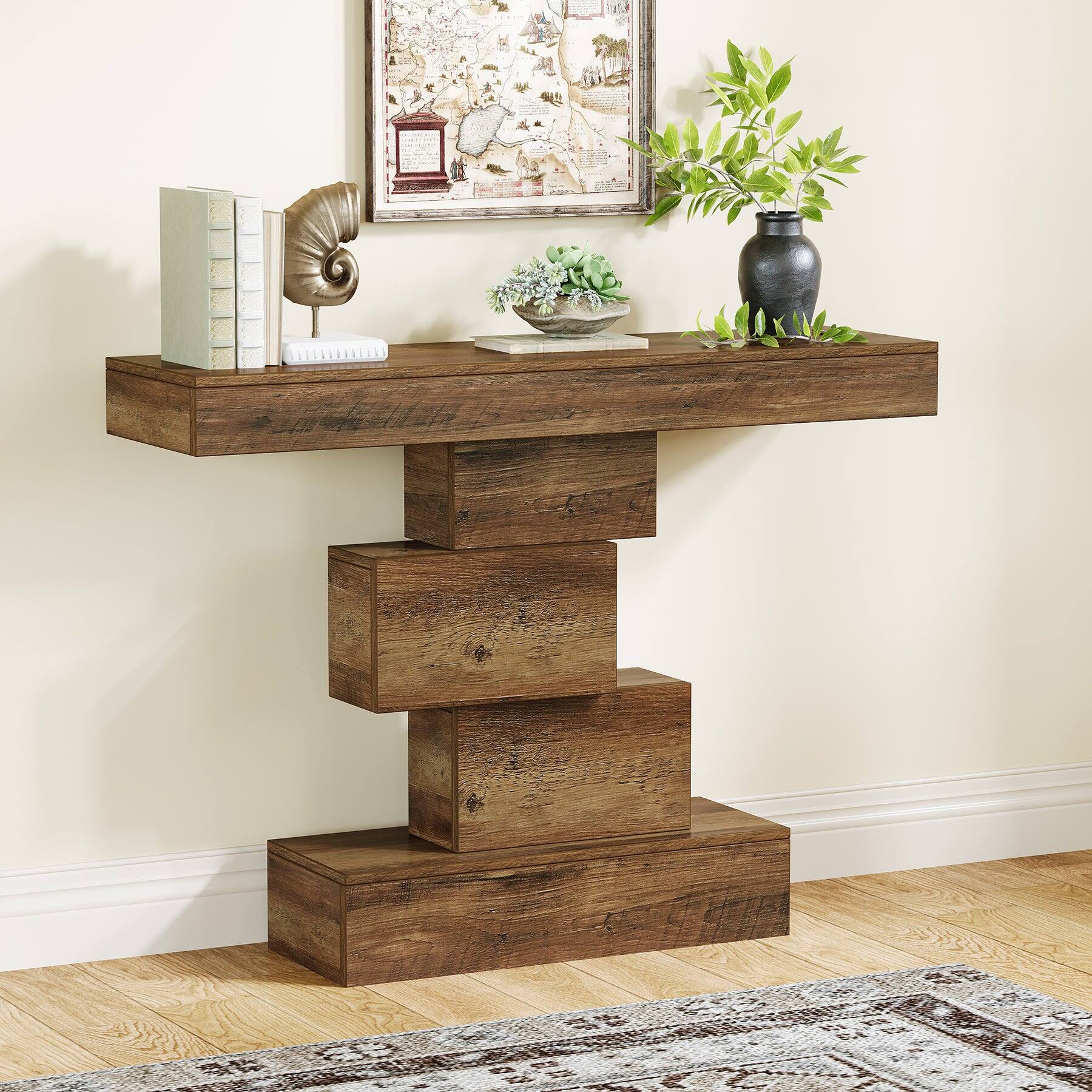 Front. Tribesigns - Farmhouse Console Table with Engineered Wood Construction and Rectangular Top for Entryway and Hallway - Brown.