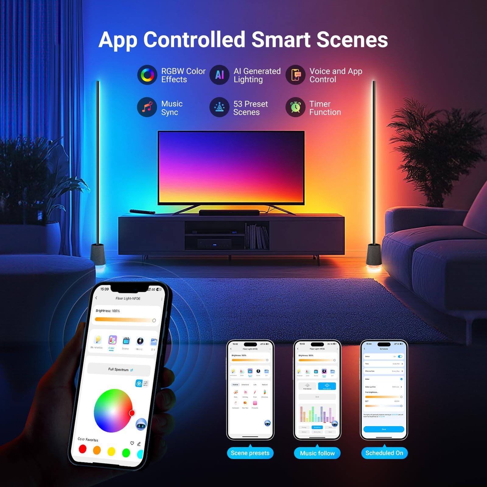 App Controlled Smart Scenes

- RGBW Color Effects
- AI Generated AI Lighting
- Music Sync
- 53 Preset Scenes
- Voice and App Control
- Timer Function

Features:
- Full Spectrum
- Color Features
- Scene presets
- Music follow
- Scheduled On