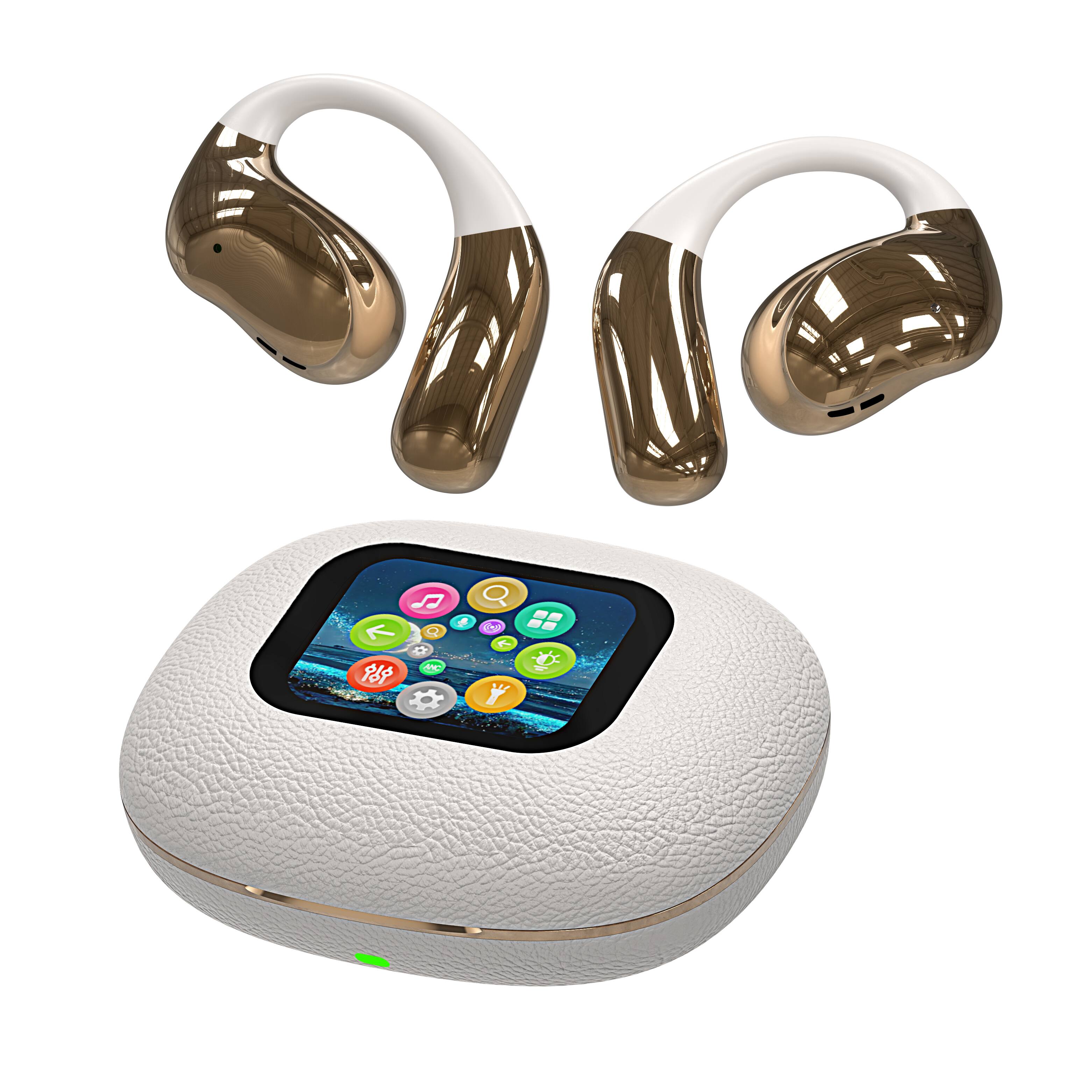 Front. Cluzine - Real-Time AI Translator Earbuds, 156 Languages, Touch Screen, OWS Open Ear Travel Headphones - Off White.