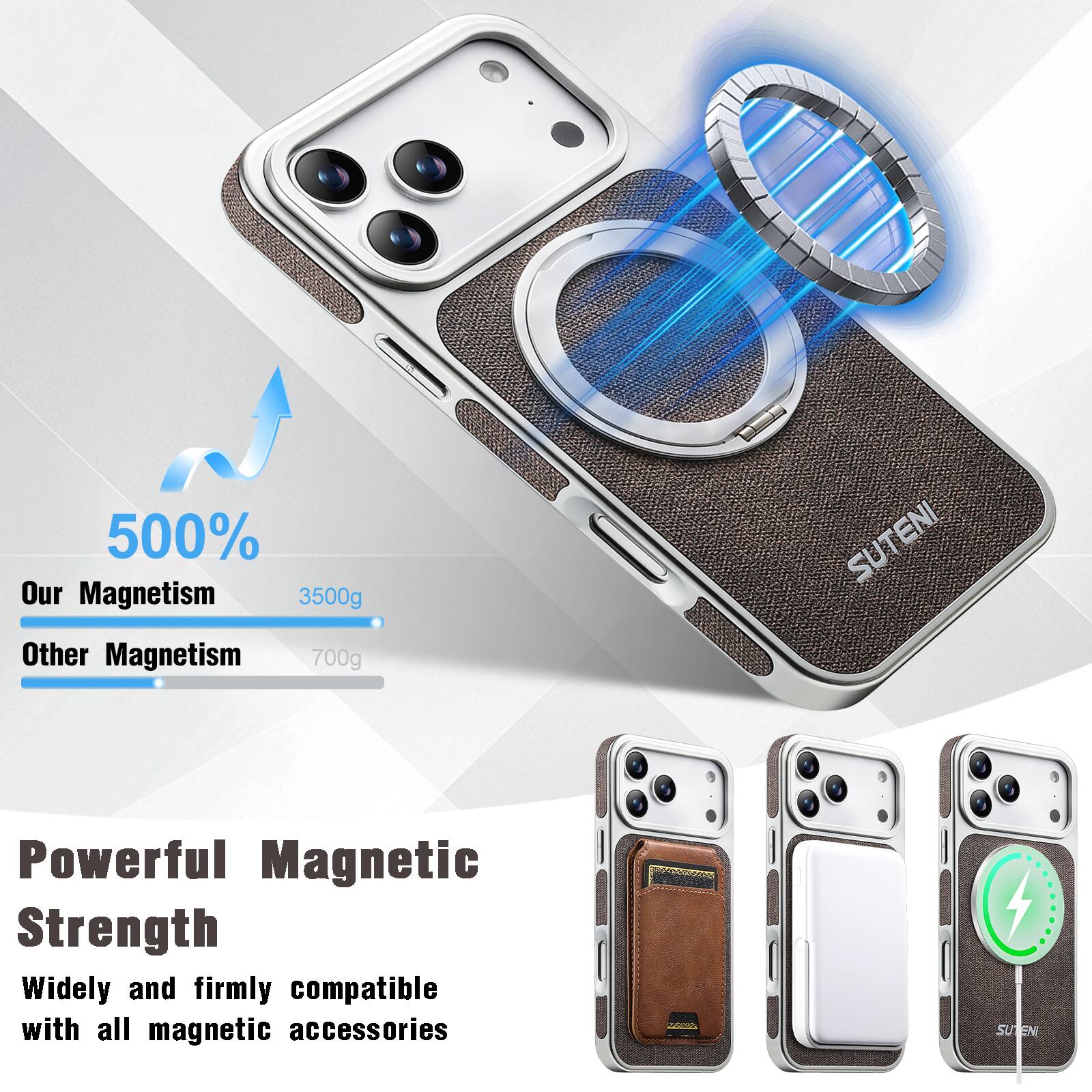 500% Our Magnetism  
3500g  
Other Magnetism  
700g  

SUTENI  
Powerful Magnetic Strength  
Widely and firmly compatible with all magnetic accessories