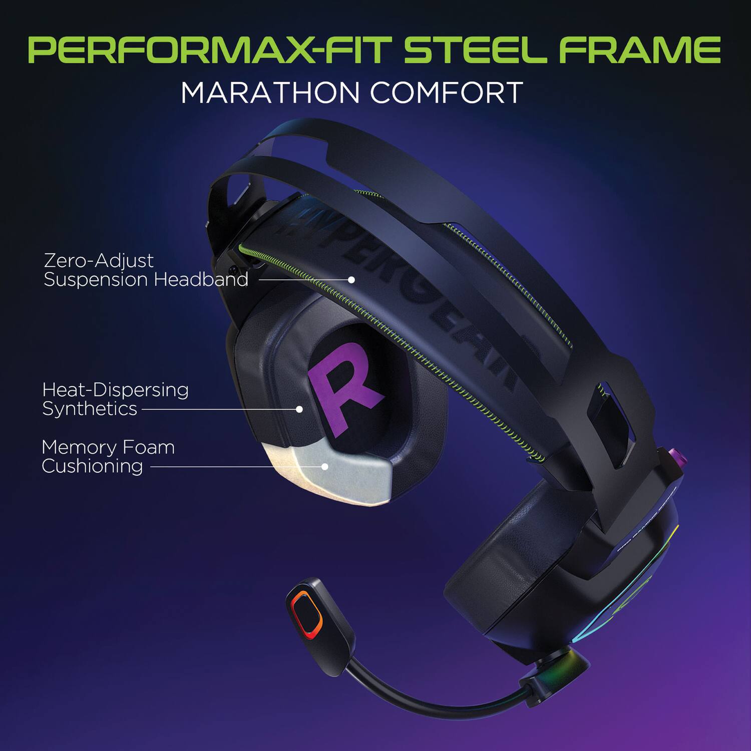 PERFORMAX-FIT STEEL FRAME  
MARATHON COMFORT  

Zero-Adjust Suspension Headband  
Heat-Dispersing Synthetics  
Memory Foam Cushioning