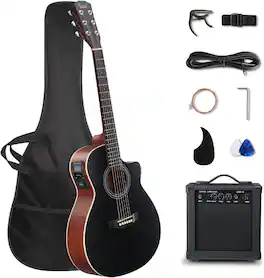 Winado - 41in Full Size Acoustic Electric Guitar Beginner Kit with 15W Amp,EQ Cutway Design 6 Strings with Bag - Black