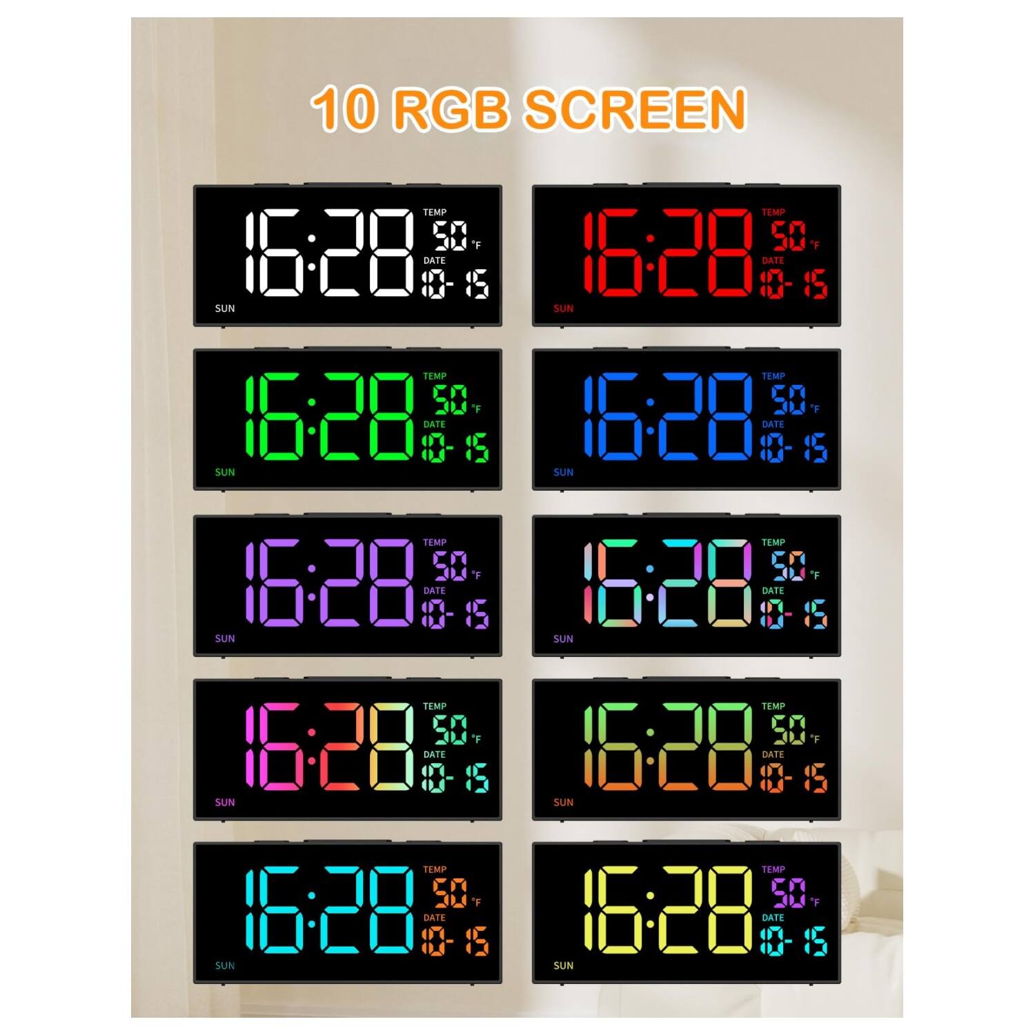 10 RGB SCREEN TEMP 50°F 16:28 10-15 DATE 15 SUN TEMP 50°F 16:28 1-15 DATE 15 SUN TEMP 50°F 16:28 10-15 DATE 15 SUN TEMP 50°F 16:28 10-15 DATE 15 SUN TEMP 50°F 16:28 10-15 DATE 15 SUN TEMP 50°F 16:28 10-15 DATE 15 SUN TEMP 50°F 16:28 10-15 DATE 15 SUN TEMP 50°F 16:28 10-15 DATE 15 SUN TEMP 50°F 16:28 10-15 DATE 15 SUN