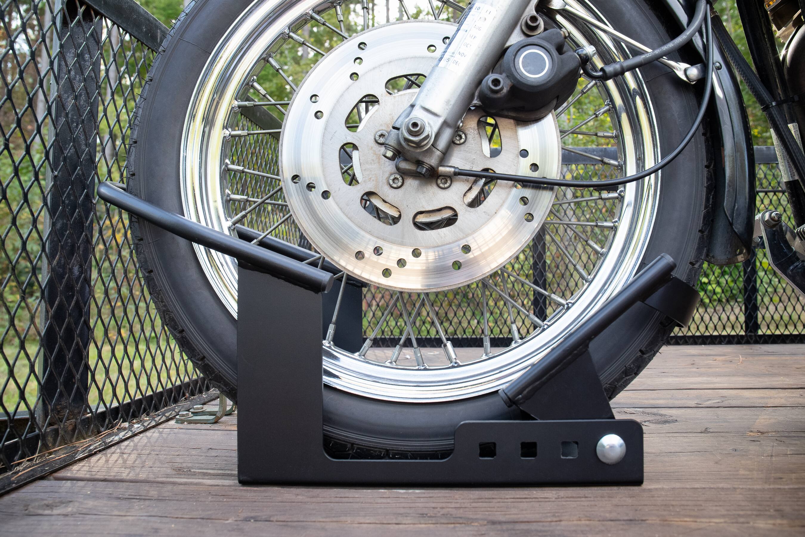 Alt View 4. Camco - Camco Motorcycle Wheel Chock Mount with Handlebar Straps & Universal Tire Fit - Black.