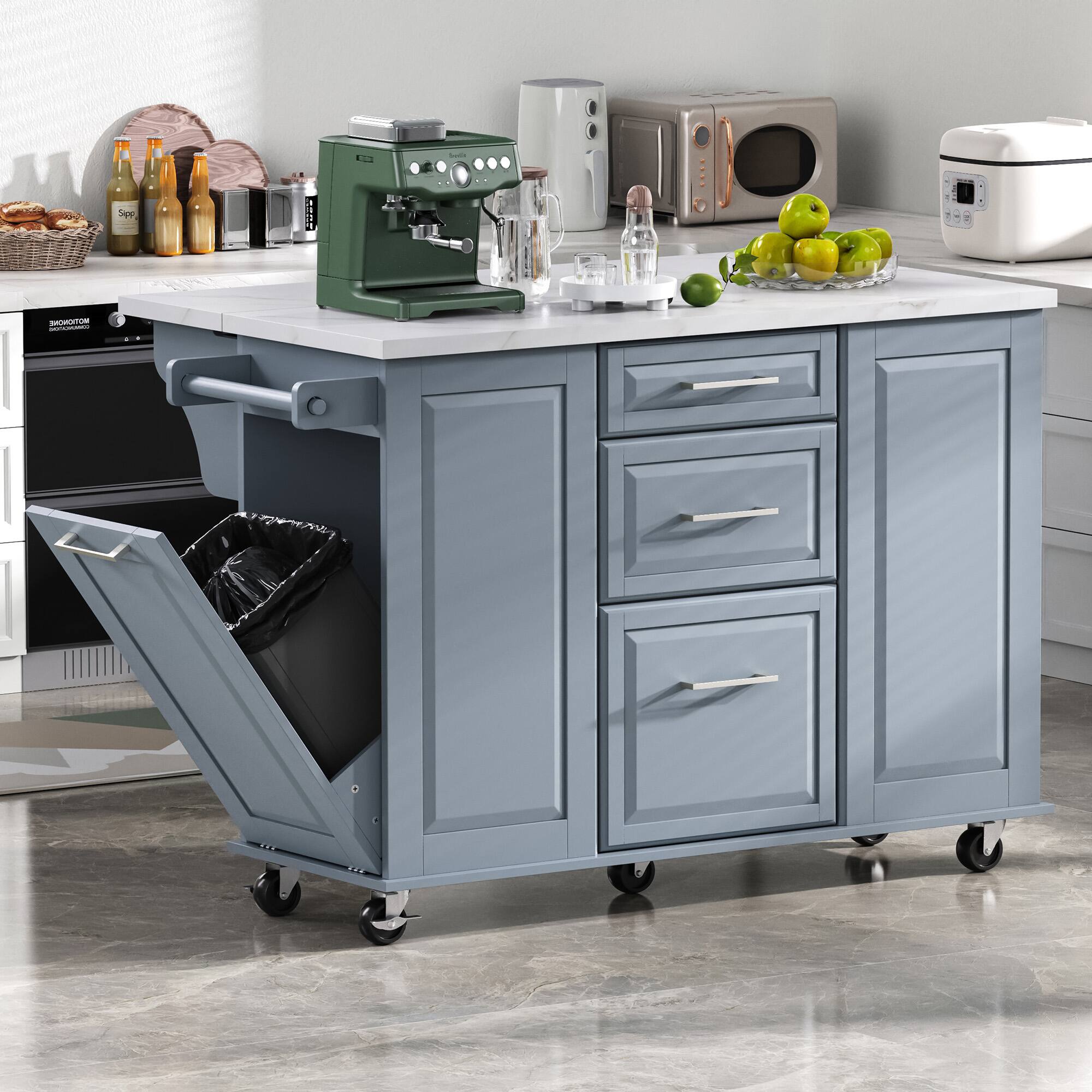 Left. PexFix - 50.7" Mobile Kitchen Island with Drop Leaf & Hidden Trash Can - Rolling Cart with Drawers, Organizer & Faux Marble Top - Gray.