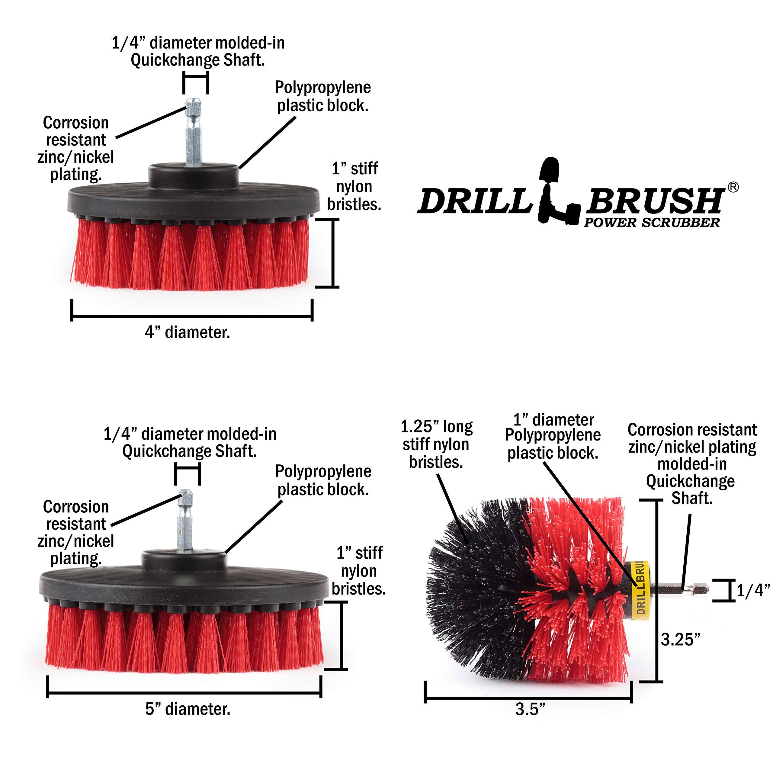 1/4" diameter molded-in Quickchange Shaft. Polypropylene plastic block. Corrosion resistant zinc/nickel plating. 1" stiff nylon bristles. DRILL BRUSH POWER SCRUBBER 4" diameter. 1" diameter 1.25" long Corrosion resistant 1/4" diameter molded-in Polypropylene Shaft. stiff nylon bristles. DRILLBRU 3.25" 5" diameter. 3.5"