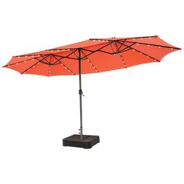 Costway - 15FT Double-Sided Patio Umbrella with Lights, Weighted Base, Outdoor Market Twin Umbrella for Poolside Garden - Orange