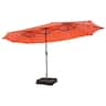 Costway - 15FT Double-Sided Patio Umbrella with Lights, Weighted Base, Outdoor Market Twin Umbrella for Poolside Garden - Orange
