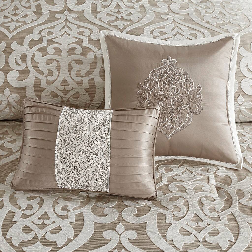 Left. TinyHomie - 8 Piece Jacquard Comforter Set Tan/Ivory Cal King - Tan and Ivory.