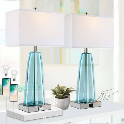 Front. Pawtners - Touch Control Table Lamp Set of 2, Blue Green Glass, 2 USB Ports, 3-Way Dimmable Touch Control (LED Bulbs Included).