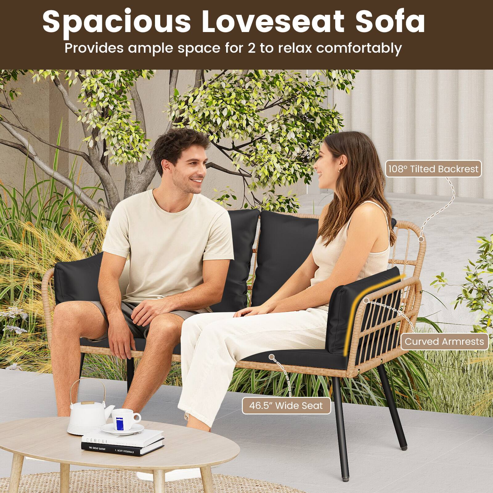 Spacious Loveseat Sofa  
Provides ample space for 2 to relax comfortably  

108° Tilted Backrest  
Curved Armrests  
46.5" Wide Seat