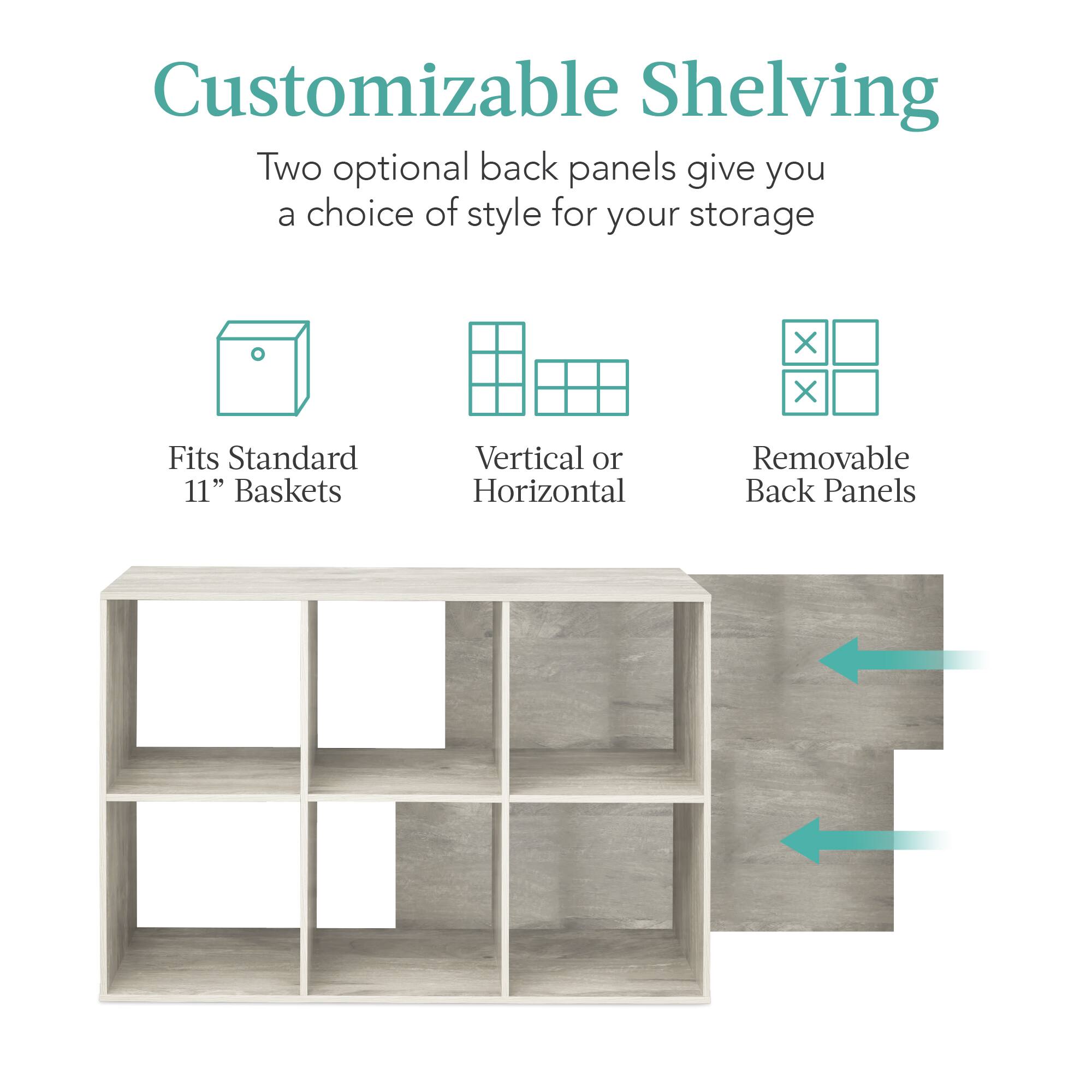 Customizable Shelving

Two optional back panels give you a choice of style for your storage.

- Fits Standard 11" Baskets
- Vertical or Horizontal
- Removable Back Panels
