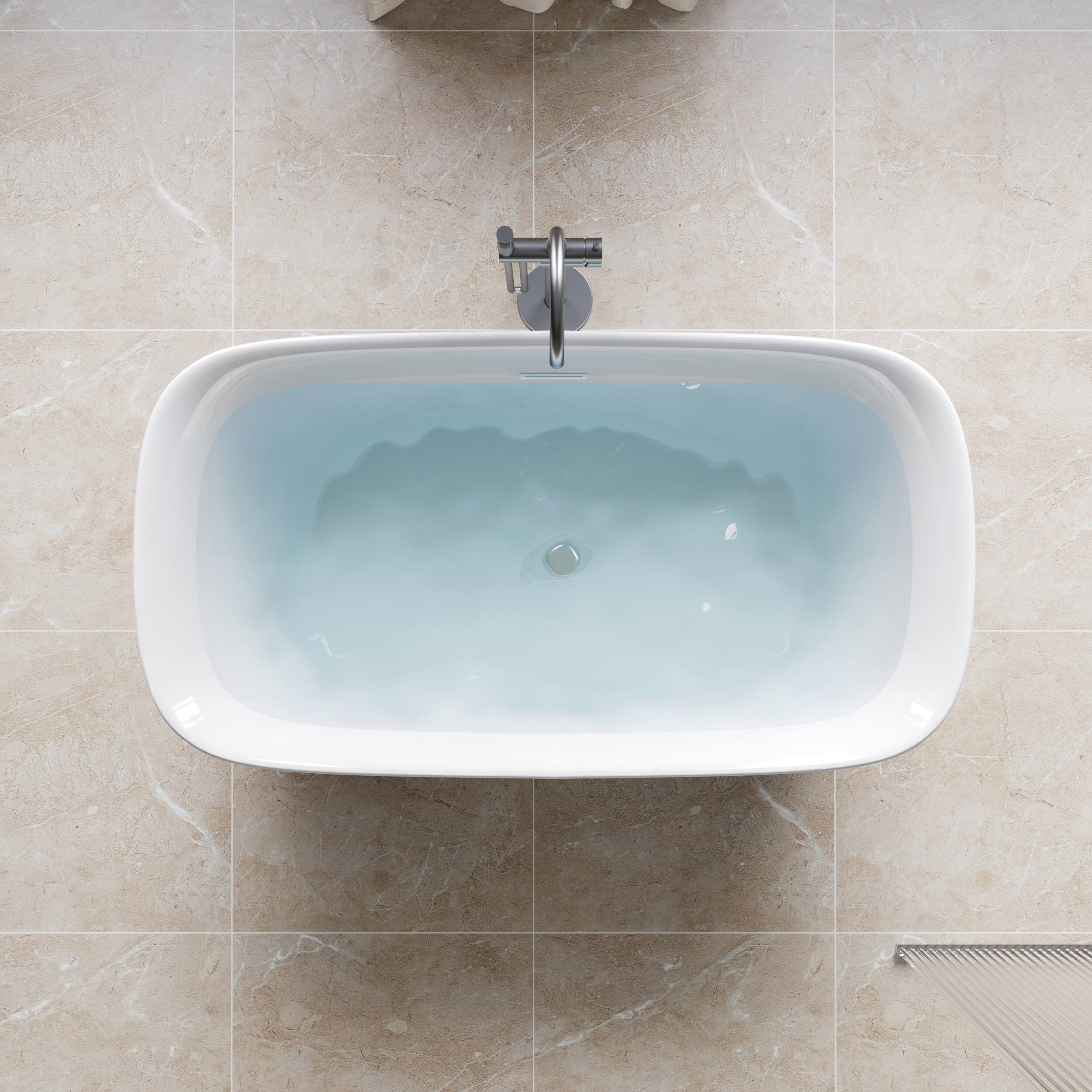 Angle. WELLFOR - Tivor 59 in. x 31.5 in. Acrylic Freestanding Soaking Bathtub with Center Drain and Overflow - White.