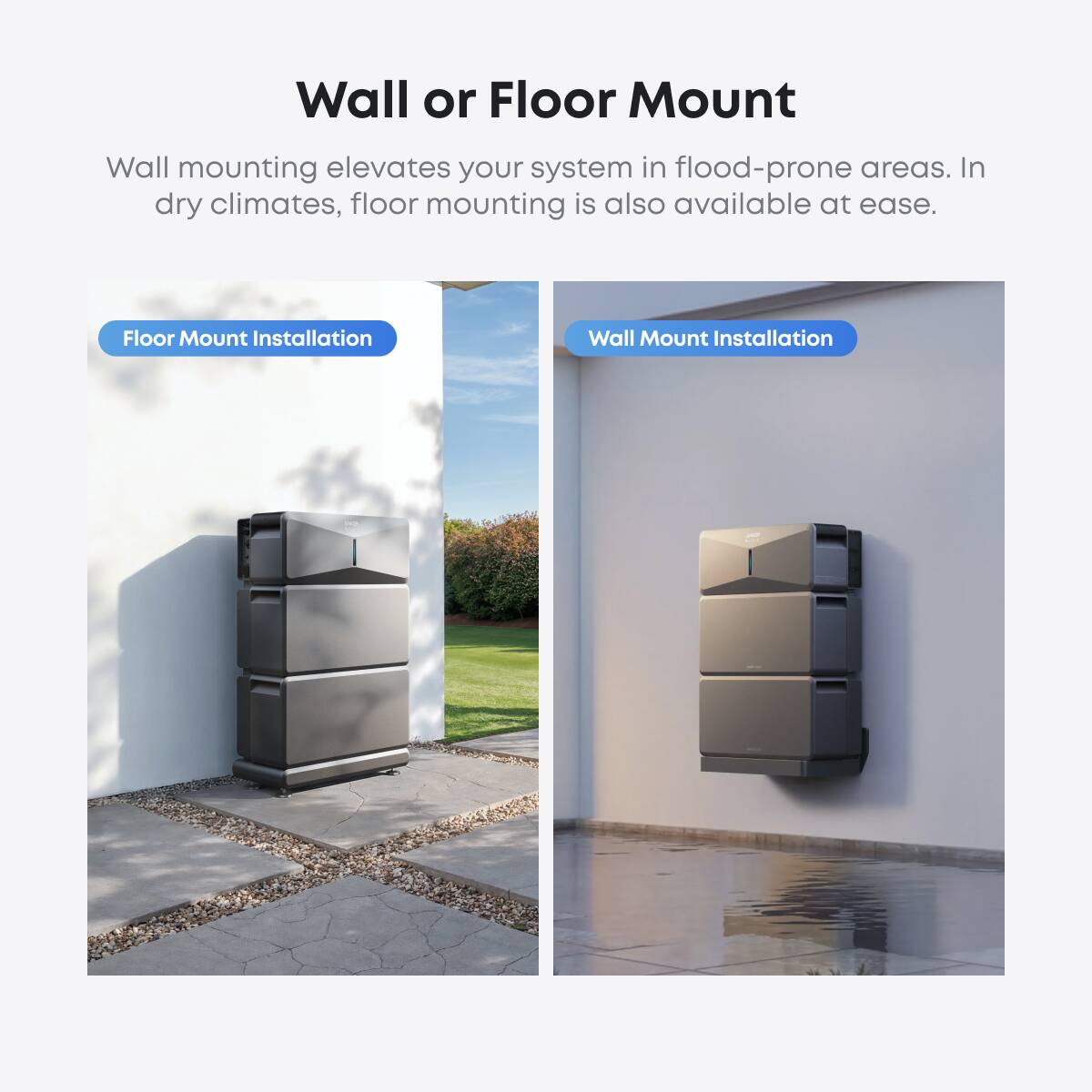Wall or Floor Mount

Wall mounting elevates your system in flood-prone areas. In dry climates, floor mounting is also available at ease.

Floor Mount Installation

Wall Mount Installation