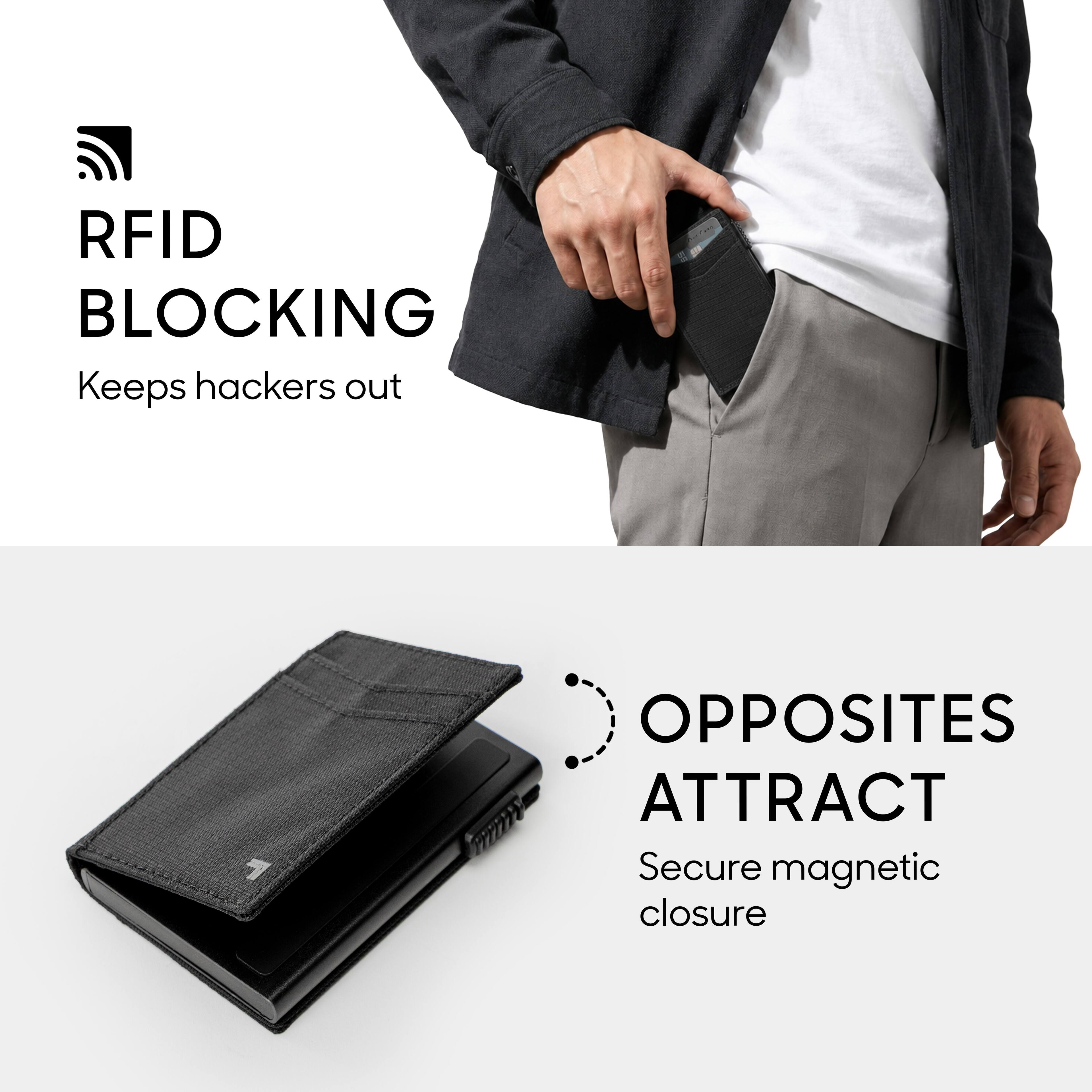 RFID BLOCKING  
Keeps hackers out  

OPPOSITES ATTRACT  
Secure magnetic closure
