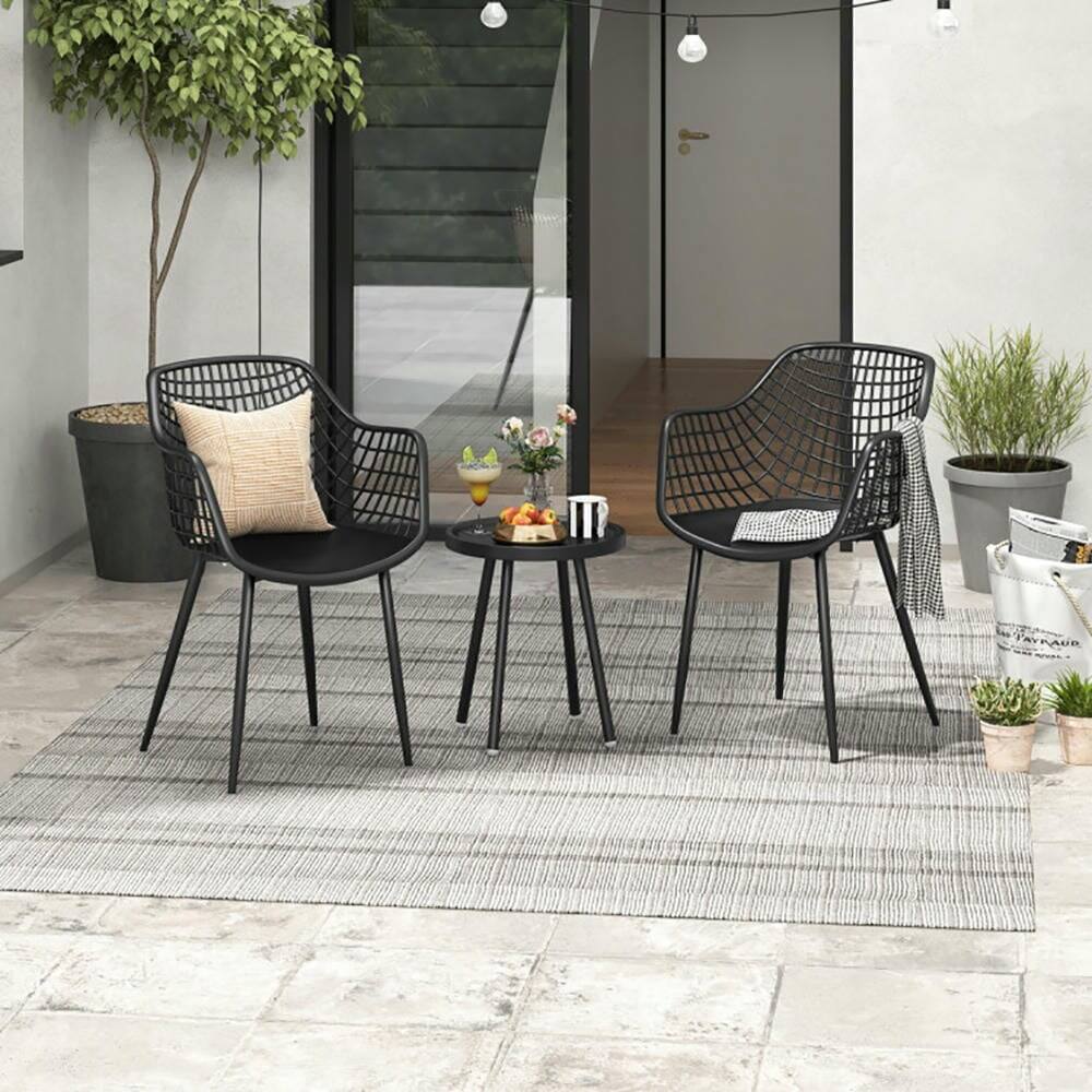 Alt View 4. Pefilos - 3 Piece Patio Chair Set with PP Seat and Tabletop, Chair and Table with Reinforced Aluminum Metal Structure for Porch - Black.