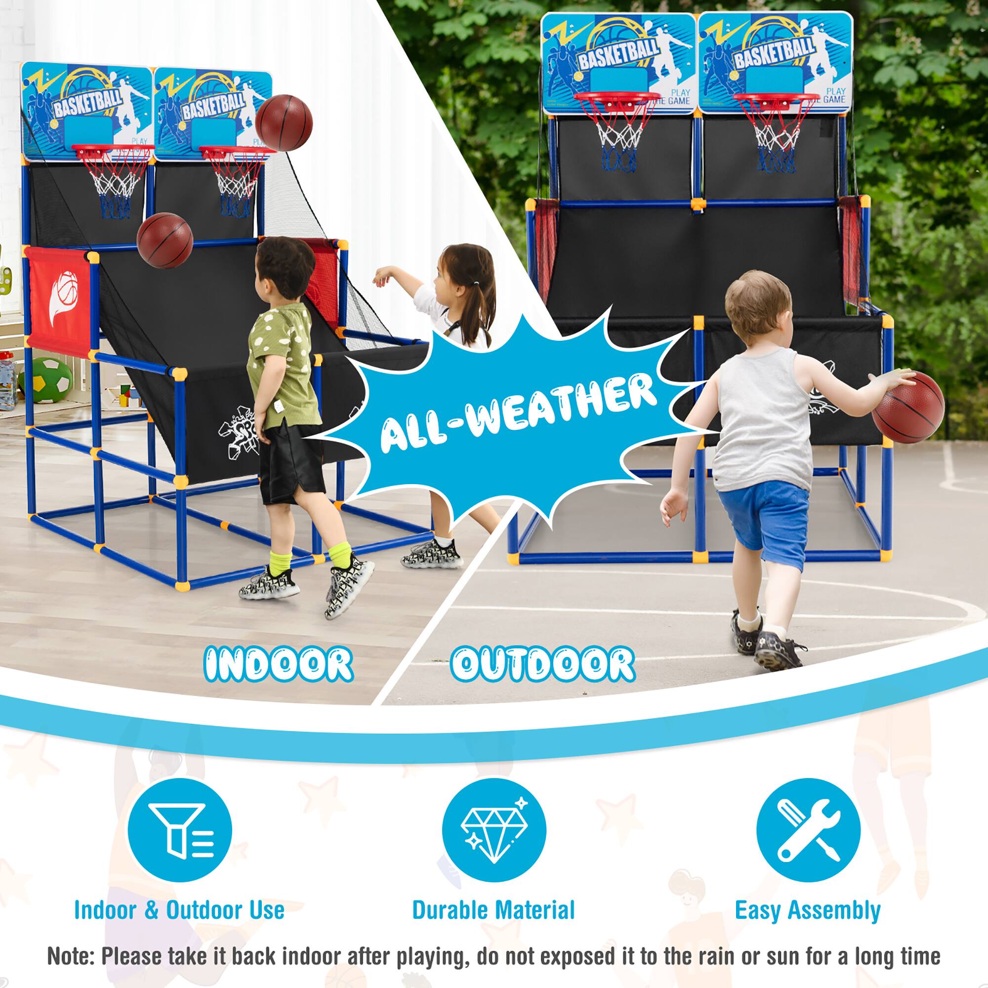 BASKETBALL PLAY CAGE - INDOOR & OUTDOOR USE - DURABLE MATERIAL - EASY ASSEMBLY - ALL-WEATHER INDOOR & OUTDOOR - NOTE: PLEASE TAKE IT BACK INDOOR AFTER PLAYING, DO NOT EXPOSE IT TO THE RAIN OR SUN FOR A LONG TIME.