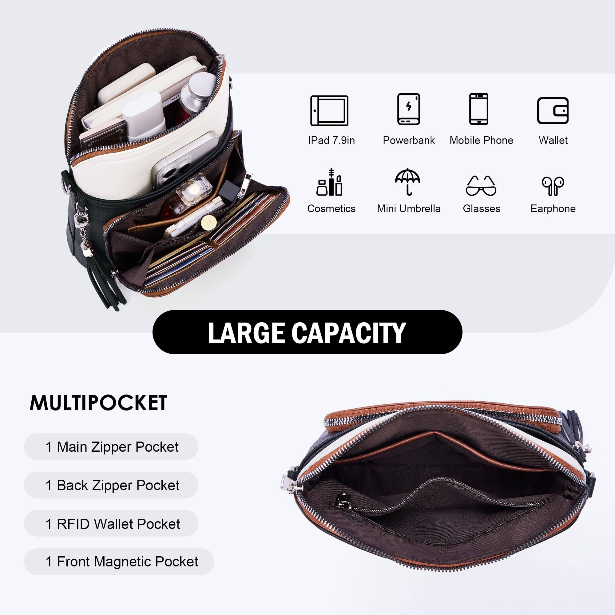 iPad 7.9in  
Powerbank  
Mobile Phone  
Wallet  
Cosmetics  
Mini Umbrella  
Glasses  
Earphone  

LARGE CAPACITY  

MULTIPOCKET  
1 Main Zipper Pocket  
1 Back Zipper Pocket  
1 RFID Wallet Pocket  
1 Front Magnetic Pocket