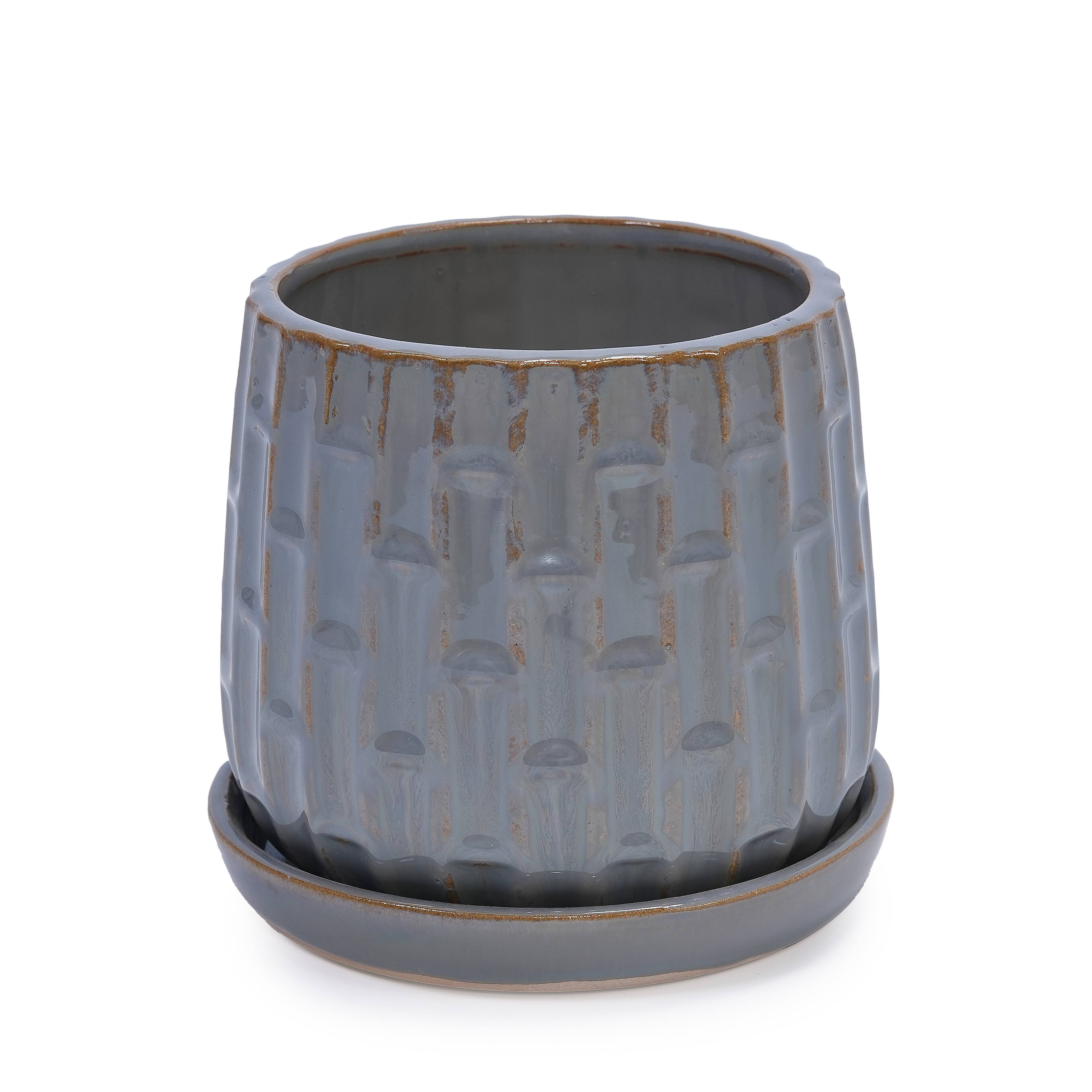 Alt View 4. Loheer - Ceramic Planter Set Loheer Handmade Gray Ribbed Clay Flower Pots with Saucers, 6in 8in Indoor Outdoor Herb Succulent.