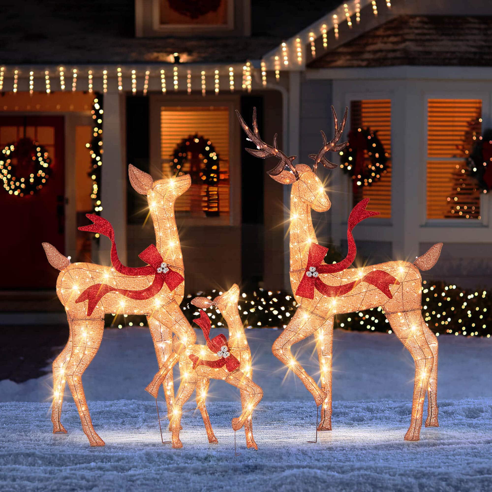 Alt View 1. Costway - Costway 3 PCS Large Lighted Christmas Reindeer Family with 440 LED Lights & Bows Buck - Yellow.