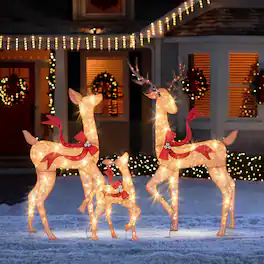 Costway - 3 PCS Large Lighted Christmas Reindeer Family with 440 LED Lights & Bows Buck Advent Calendar - Yellow