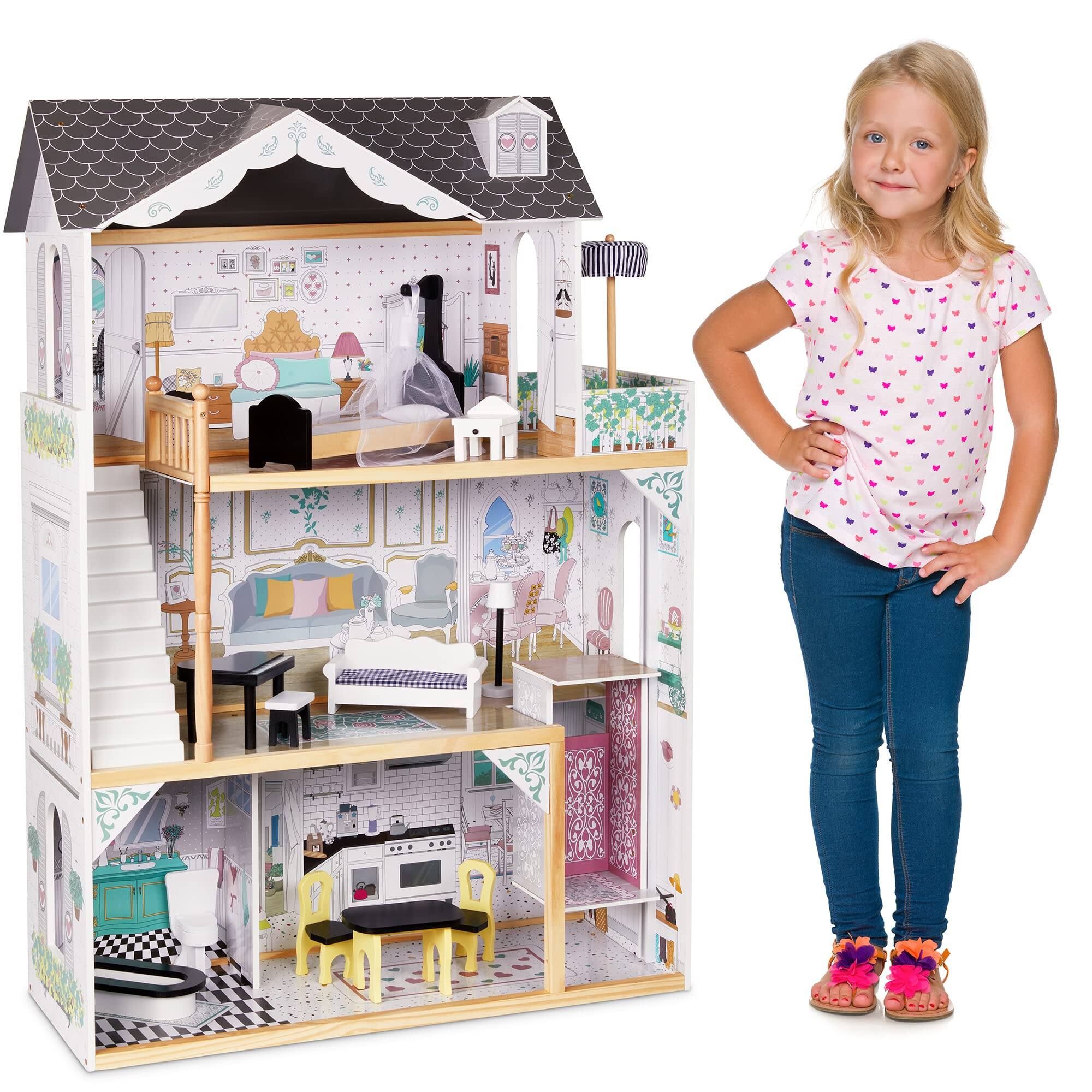 Front. Lil' Jumbl - X-Large Wooden Dollhouse, 3 Story Doll House Set with Elevator, Stairs & Accessories - Grey.