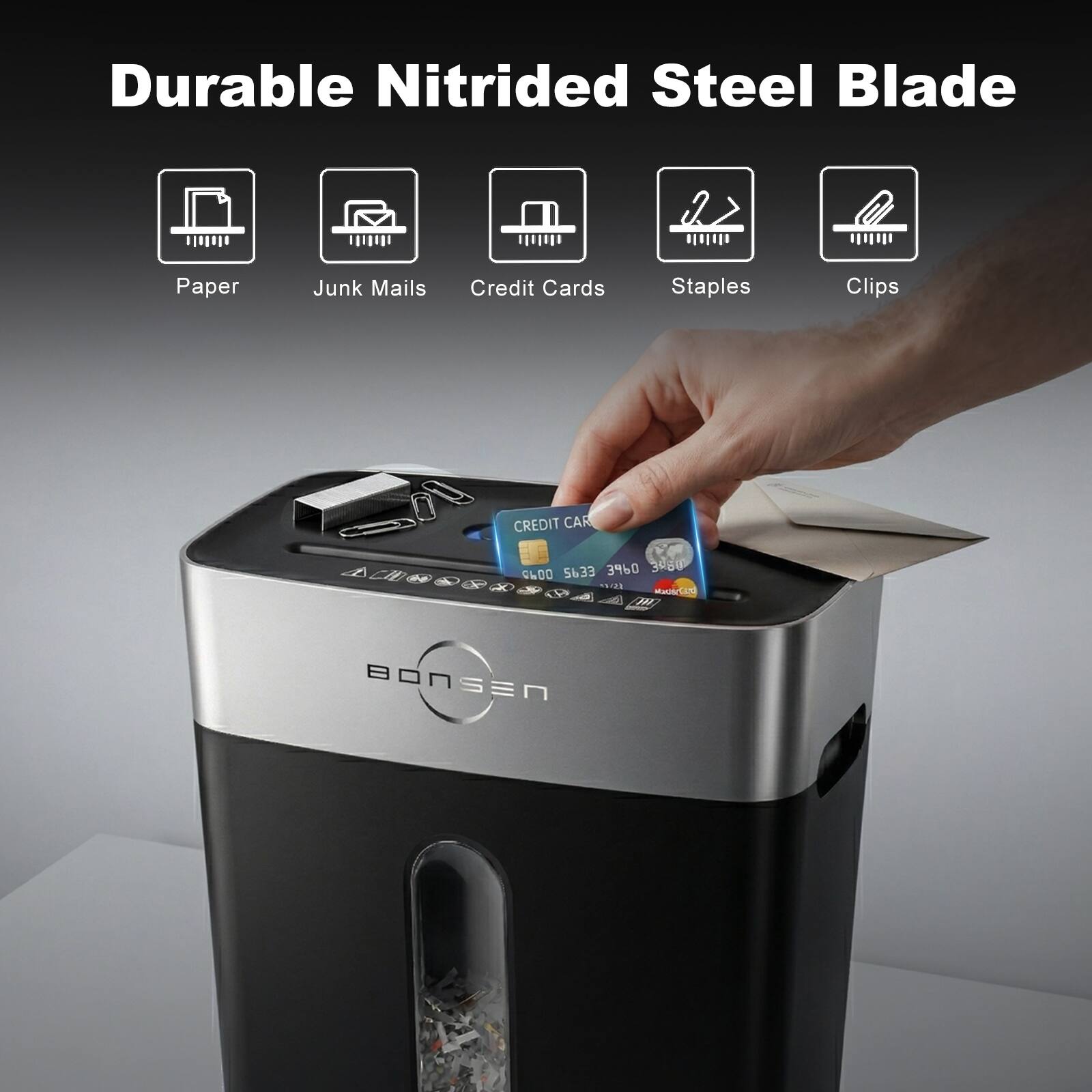 Durable Nitrided Steel Blade

- Paper
- Junk Mails
- Credit Cards
- Staples
- Clips

CREDIT CAR S633 3460 395 CLOO 12 MM/LEN (AM BONSEN
