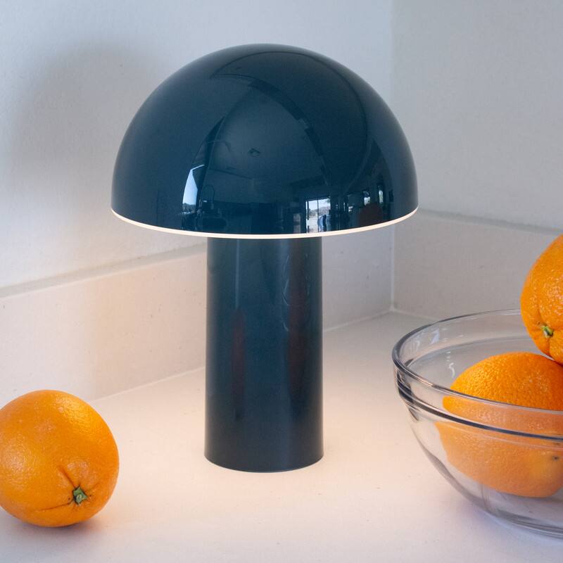 Angle. Brightech - Celia LED Modern Industrial Round Dome Dimmable Cordless Portable Rechargeable Bedside Nightstand Desk Lamp - Glossy Teal.