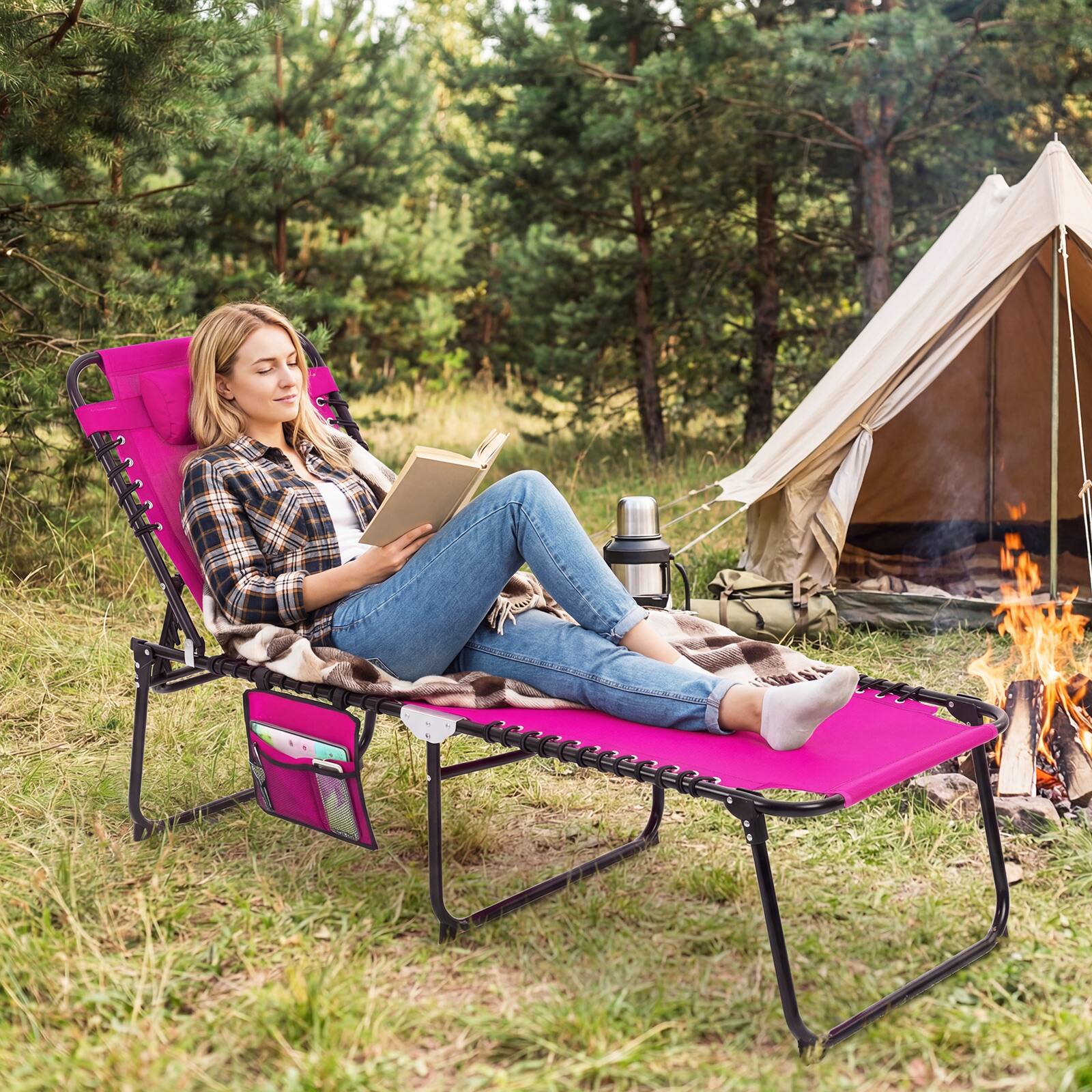 Alt View 3. Gymax - Gymax Folding Chaise Lounge Chair w/Comfortable Headrest Easy Folding Design for Lawn - Pink.