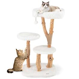 Costway - Solid Wood Cat Tree with Perch Natural Jute Scratching Posts Dangling Ball - Beige